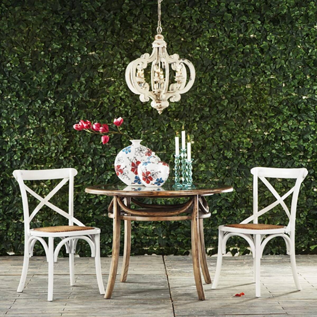 Alt View 1. Loheer - Loheer French Country Chandelier, Six Light Whitewashed Wood Fixture with Adjustable Chain.