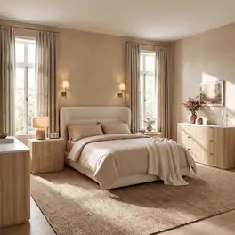 ModernMate - 5-Piece Modern Bedroom Set, Queen Upholstered Platform Bed, Travertine 6 and 9 Drawers Dresser and 2 Nightstands - Beige and Natural Wood