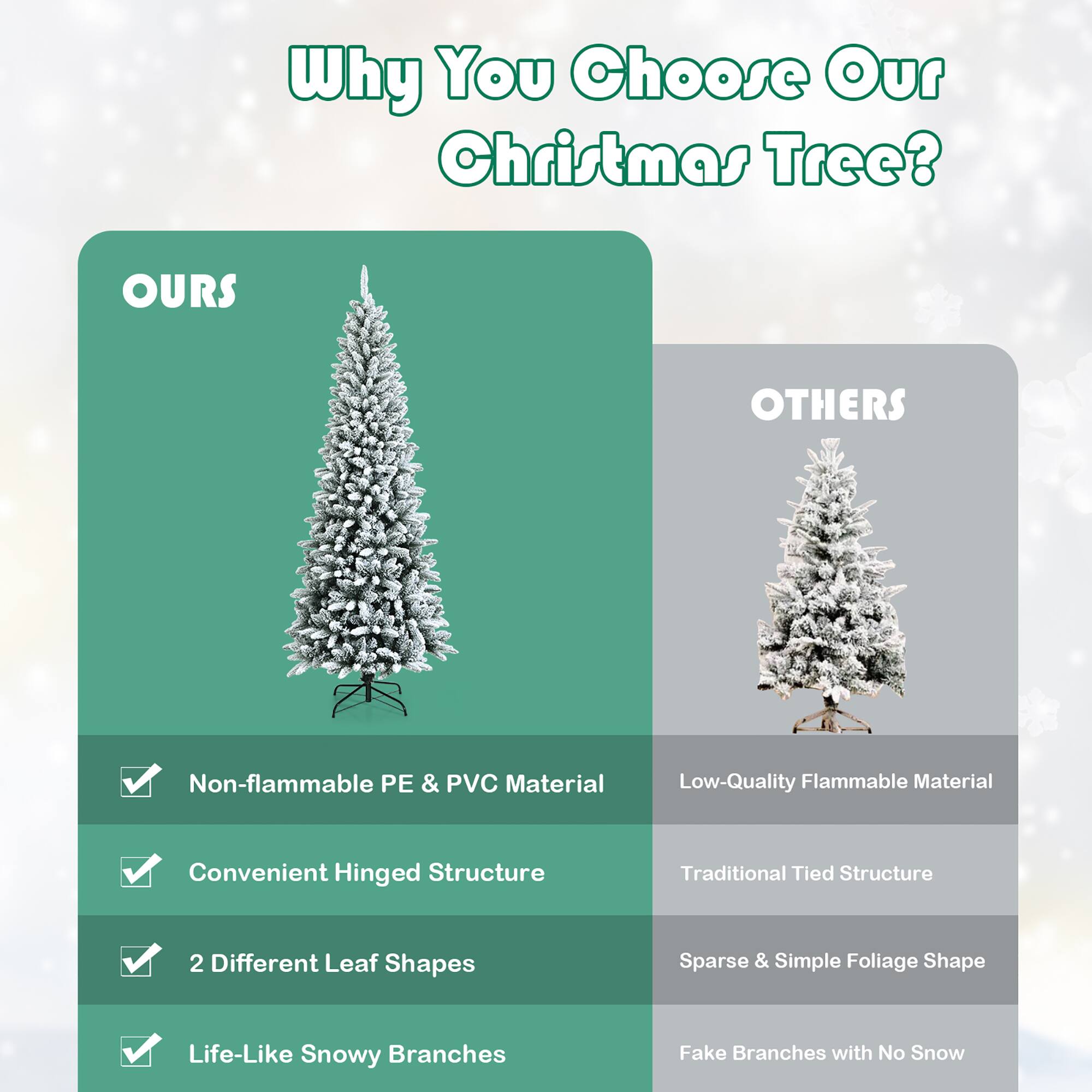 Why Choose Our Christmas Tree?
OURS:
- Non-flammable PE & PVC material
- Low-quality flammable material
- Convenient hinged structure
- Traditional tied structure
- 2 different leaf shapes
- Sparse & simple foliage shape
- Life-like snowy branches
- Fake branches with no snow
OTHERS: