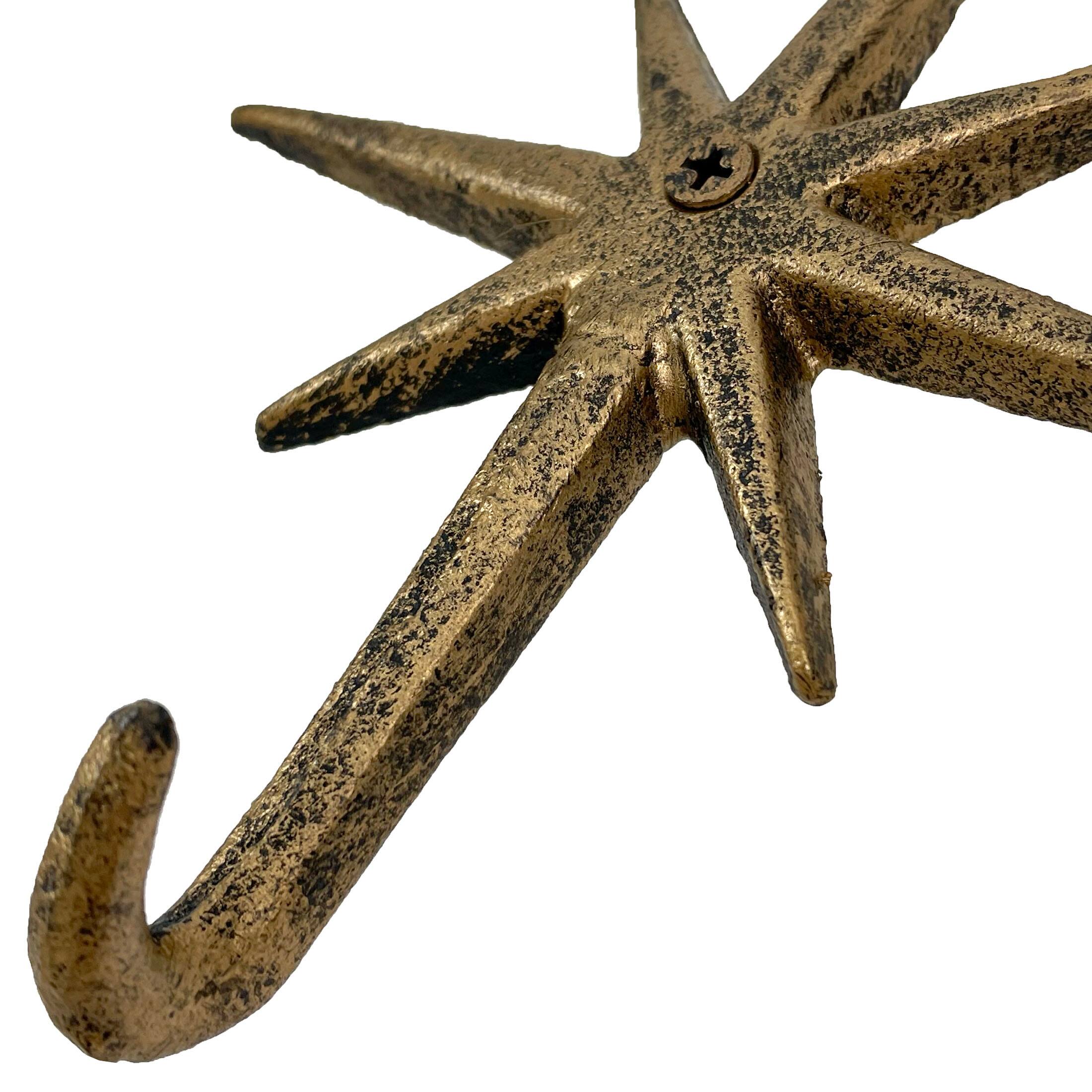 Alt View 2. Zeckos - Set of 3 Gold Finish Cast Iron Atomic Starburst Wall Hooks - Gold.