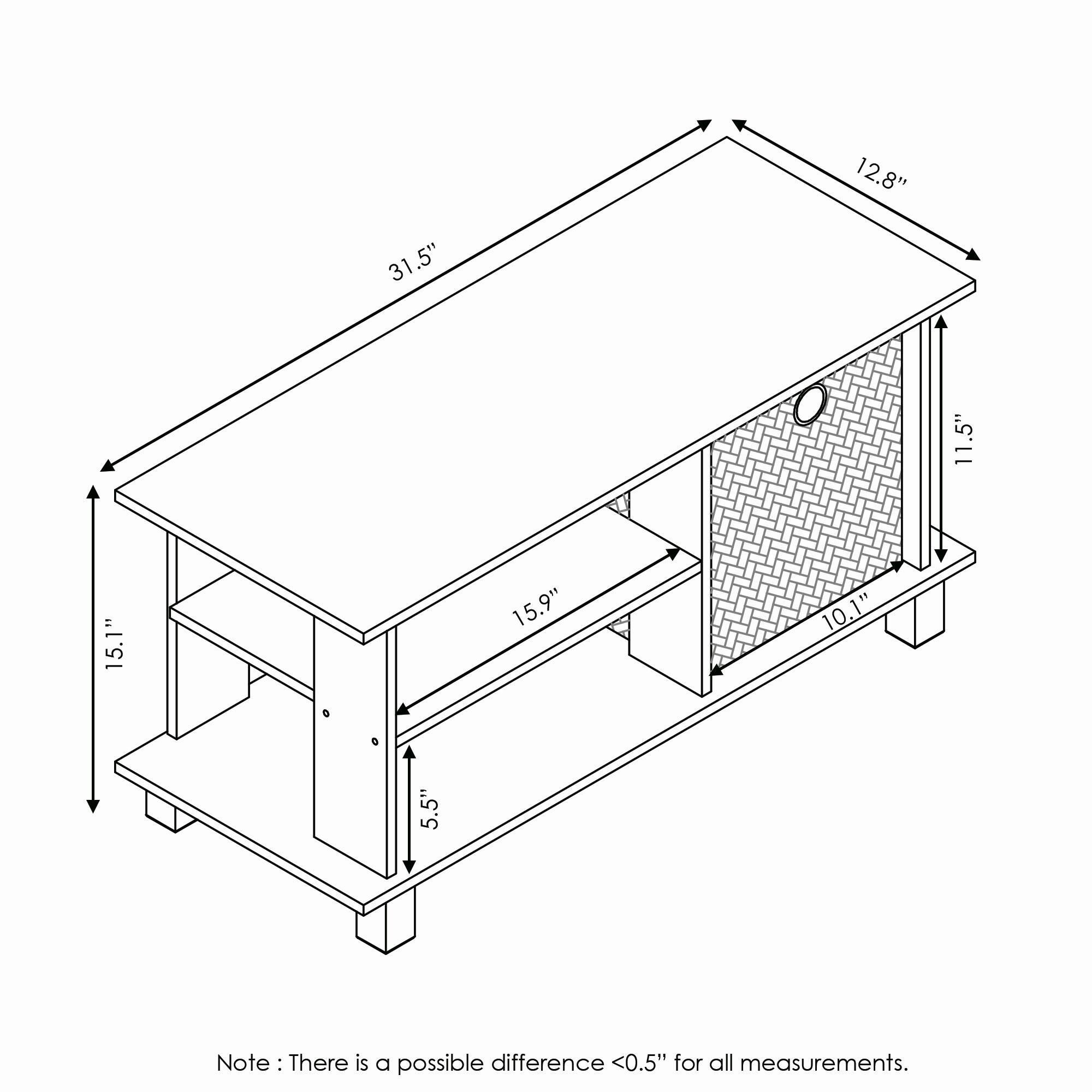 31.5"  
12.8"  
11.5"  
15.1"  
15.9"  
10.1"  
5.5"  
5"  

Note: There is a possible difference <0.5" for all measurements.