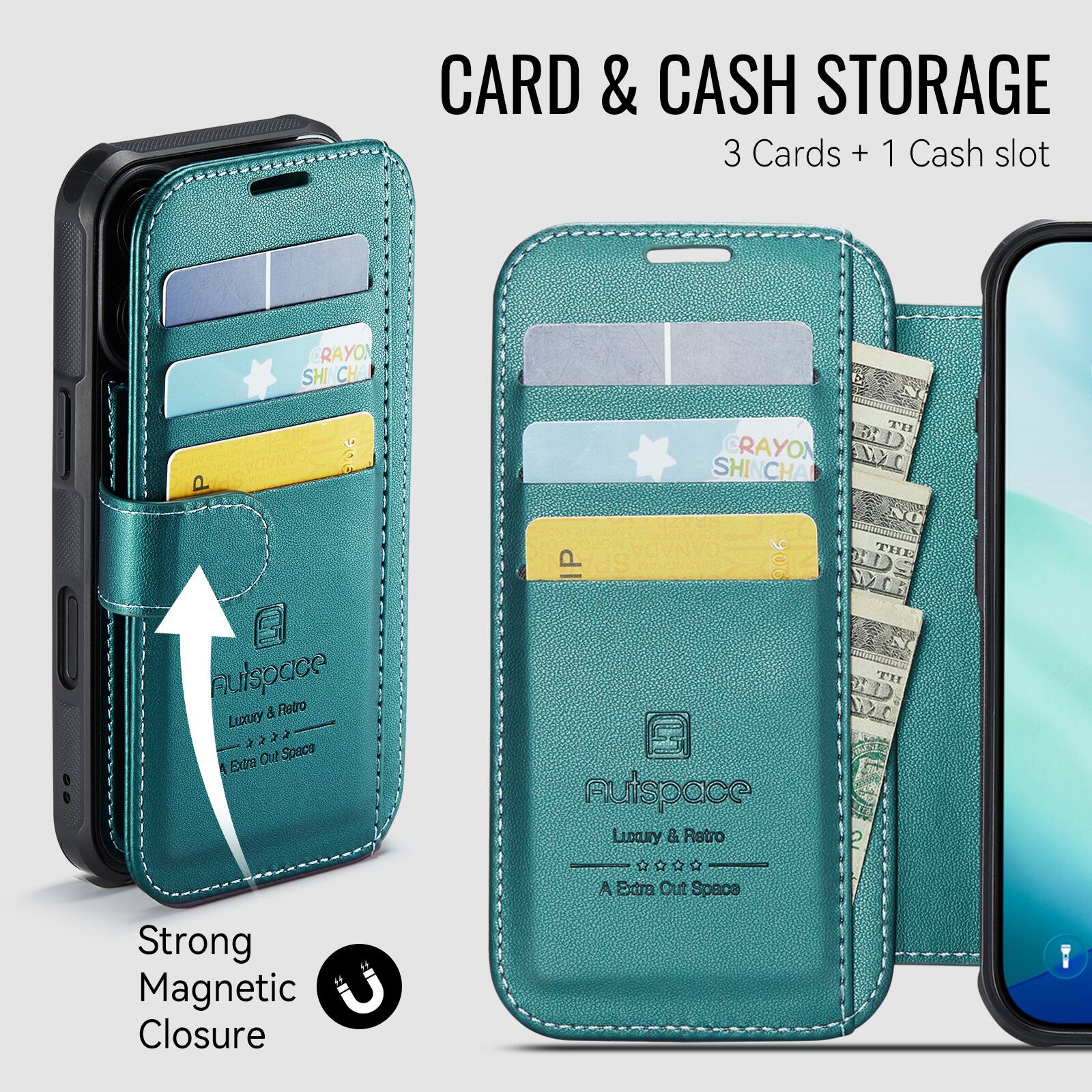 CARD & CASH STORAGE  
3 Cards + 1 Cash slot  

CRAYON SHINCHA IP 906  

Futro Space  
Luxury & Retro  
A Extra Out Space  

Strong Magnetic Closure