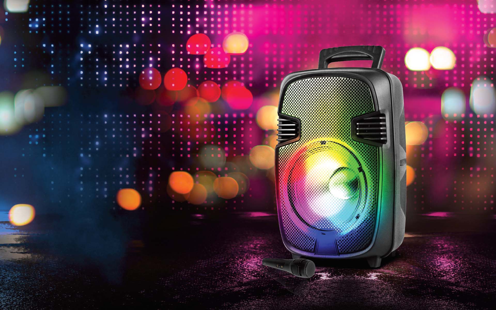 Back. TopTech - BULL-8, 8'' Bluetooth Speaker with Disco Lights, Wheels, Wireless Mic - Black.