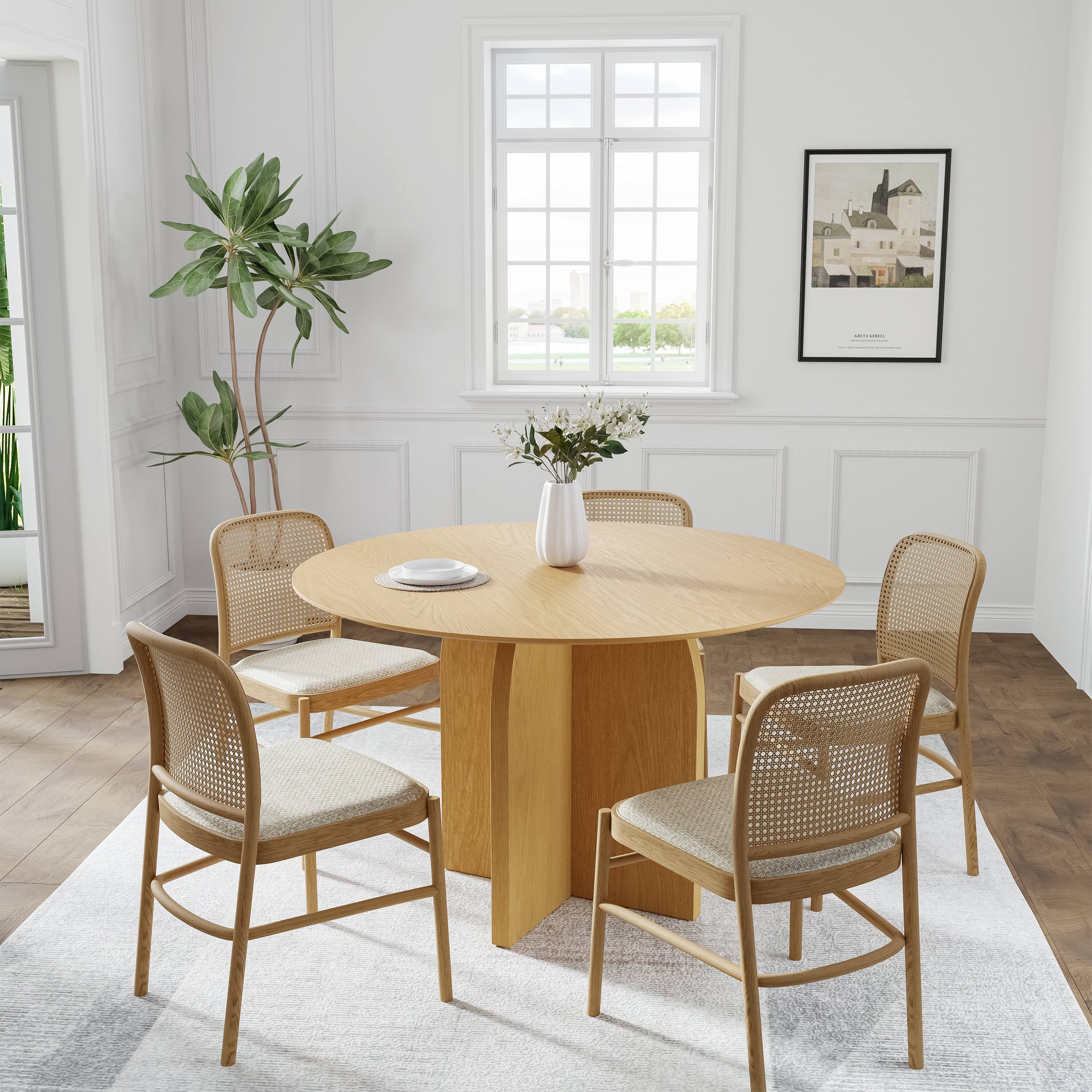 Alt View 4. Lirago - 45in. Arched Leg Round Dining Table Natural Finish Solid Wood Timeless Style,Seats 7 People - Beige.