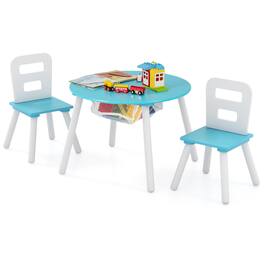 Costway - Kids Wooden Round Table & 2 Chair Set with Center Mesh Storage - Blue