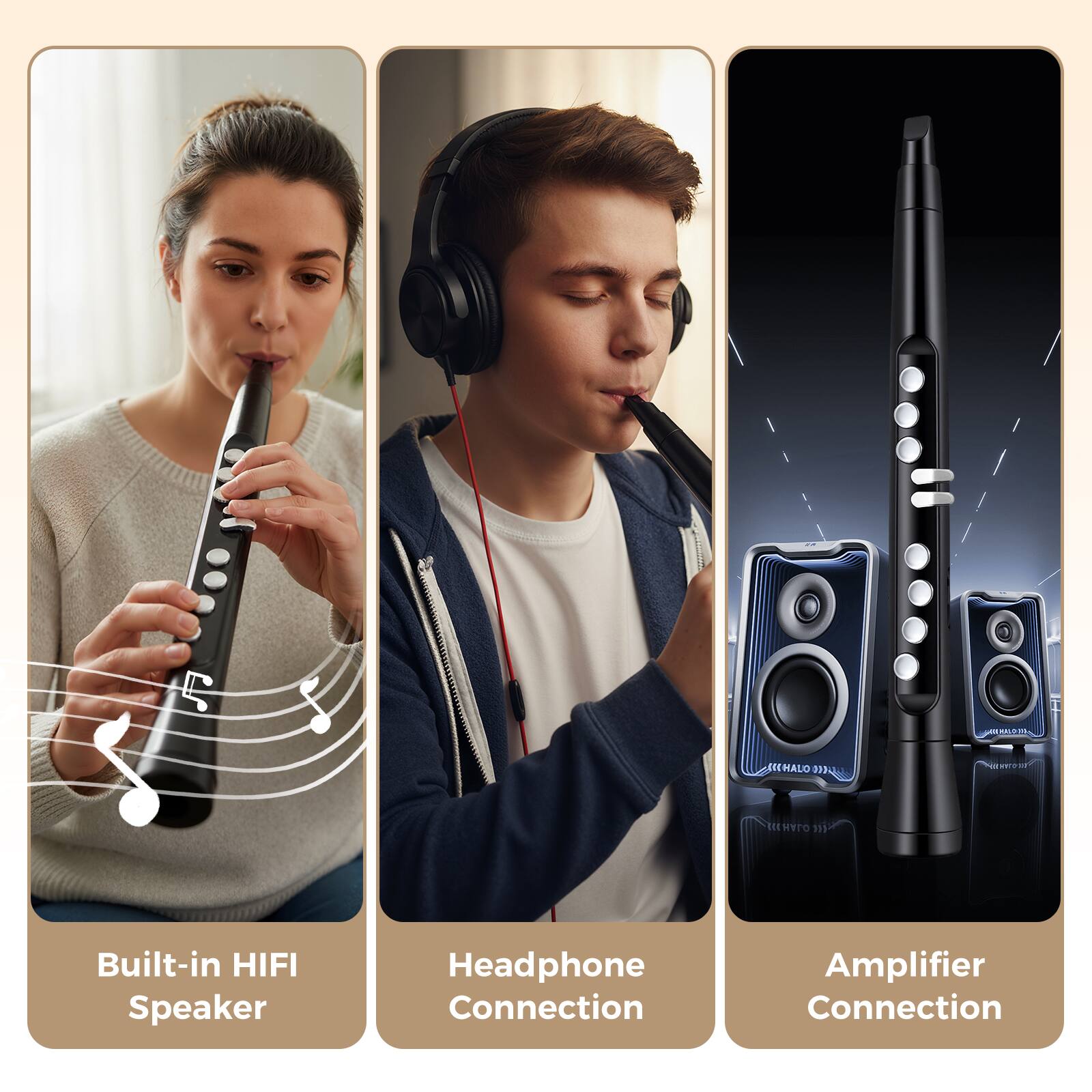 - Built-in HIFI Speaker
- Headphone Connection
- Amplifier Connection