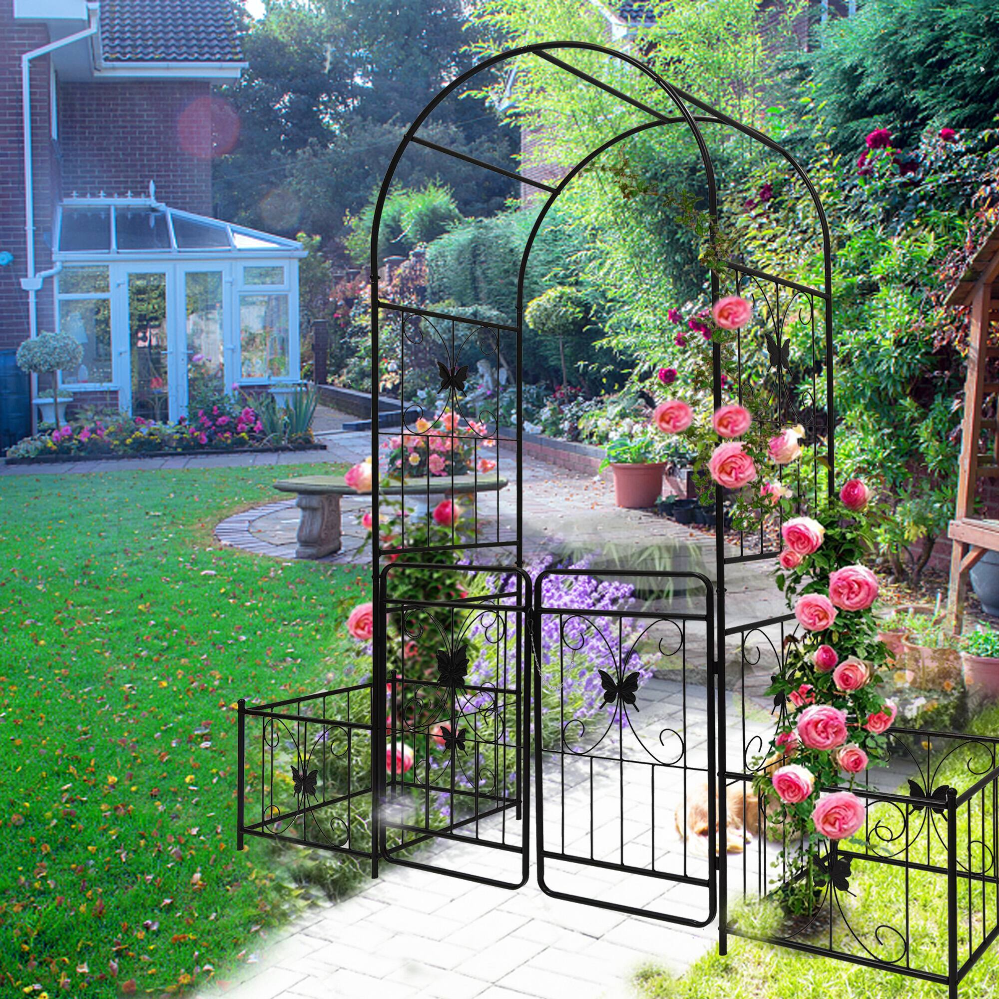 Alt View 4. Loheer - 6.63 ft W x 7.22 ft H Metal Garden Arch with Gate Rose Trellis for Outdoor Yard Wedding - Black.