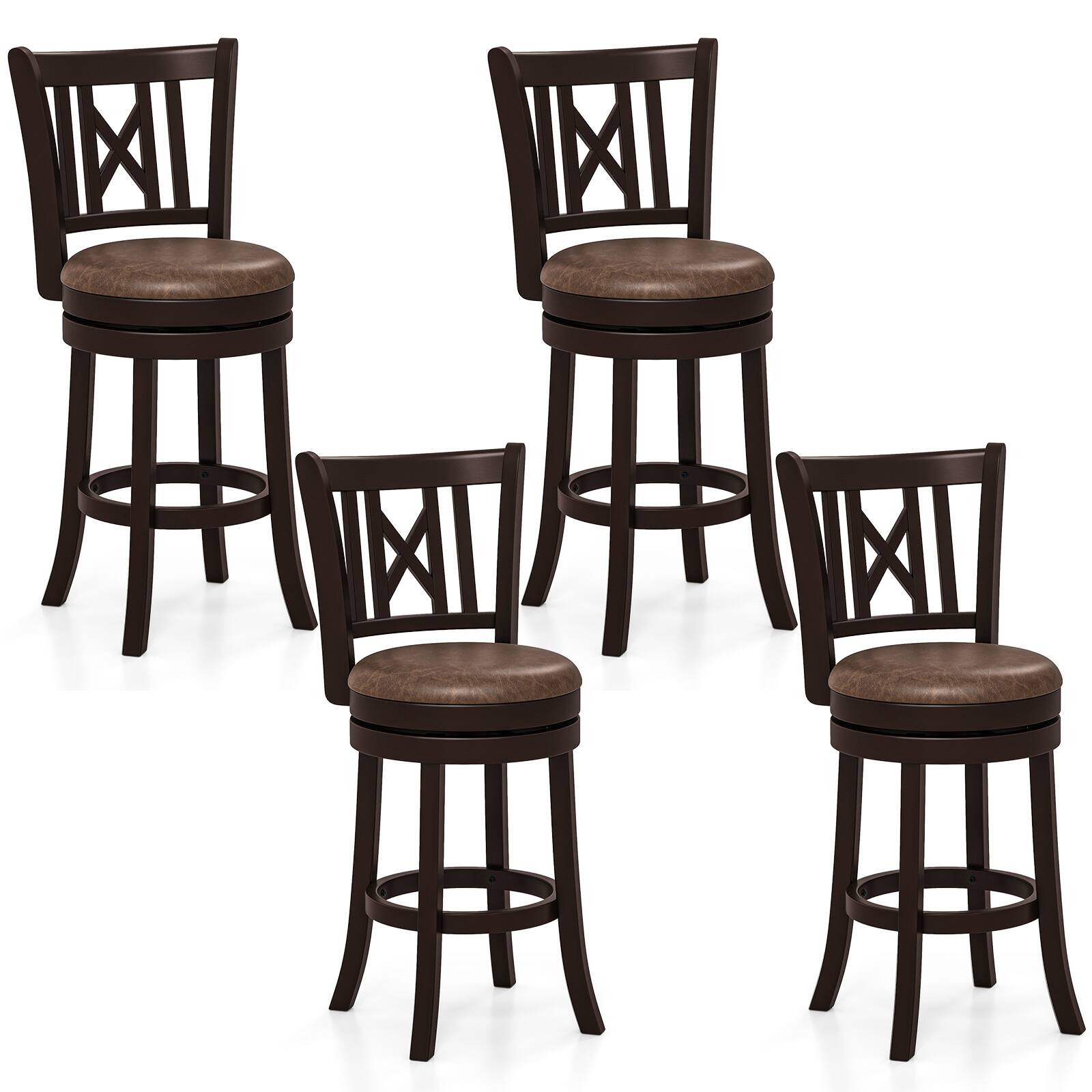 Front. Gymax - Gymax Set of 4 Bar Stools 26'' Swivel Bar Chairs w/ Footrest Hollowed Backrest - Coffee, Brown.