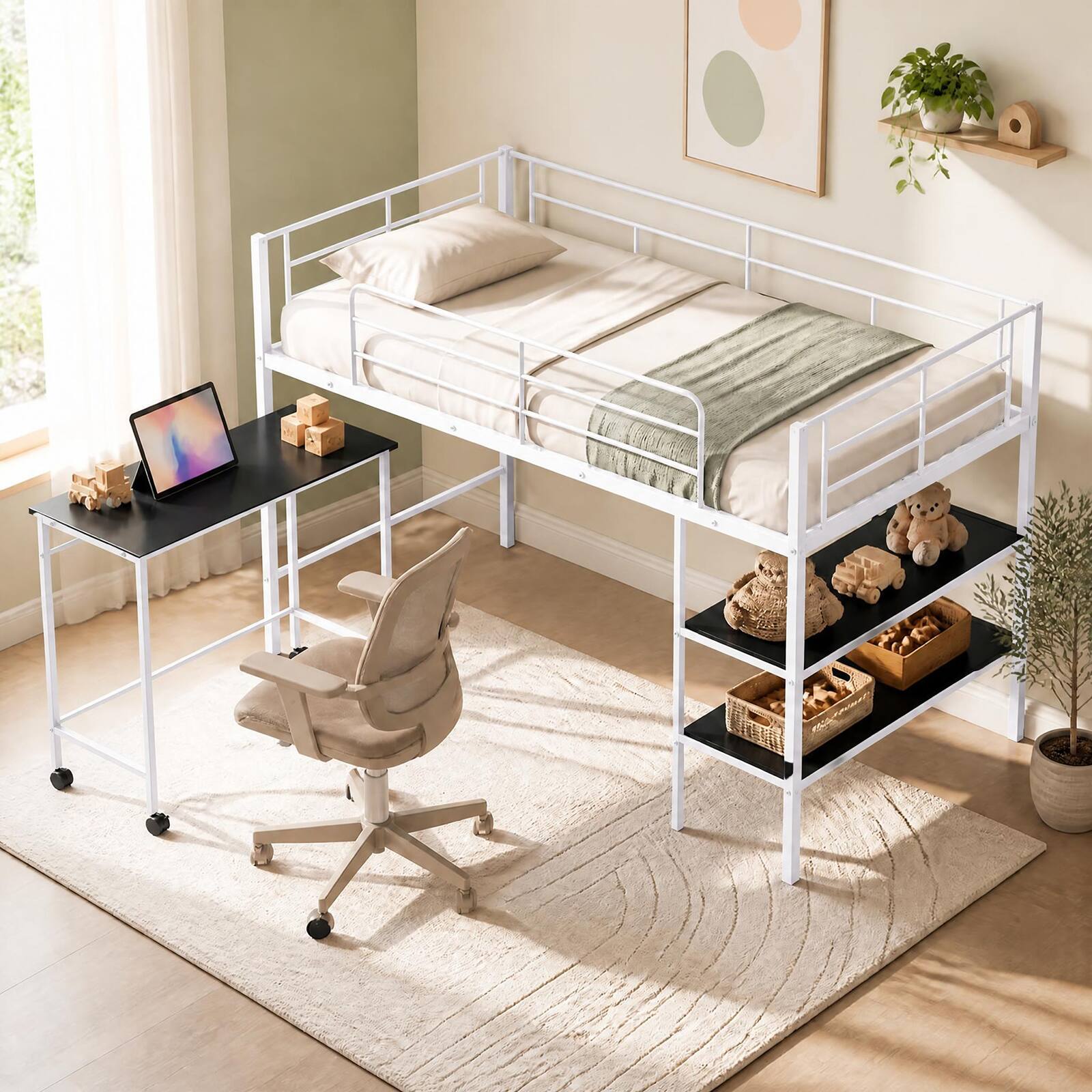 Alt View 4. Costway - Costway Twin Size Loft Bed with Rolling Desk & Bookshelf, Metal Slats for Bedroom Dormitory - White.