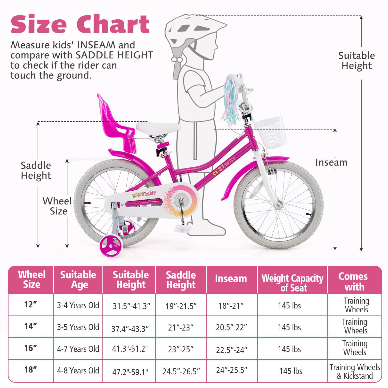 Size Chart

Measure kids' INSEAM and compare with SADDLE HEIGHT to check if the rider can touch the ground.

Wheel Size | Suitable Age | Suitable Height | Saddle Height | Inseam | Weight Capacity of Seat | Comes with
--- | --- | --- | --- | --- | --- | ---
12" | 3-4 Years Old | 31.5"-41.3" | 19"-21.5" | 18"-21" | 145 lbs | Training Wheels
14" | 3-5 Years Old | 37.4"-43.3" | 21"-23" | 20.5"-22" | 145 lbs | Training Wheels
16" | 4-7 Years Old | 41.3"-51.2" | 23"-25" | 22.5"-24" | 145 lbs | Training Wheels
18" | 4-8 Years Old | 47.2"-59.1" | 24.5"-26.5" | 24"-25.