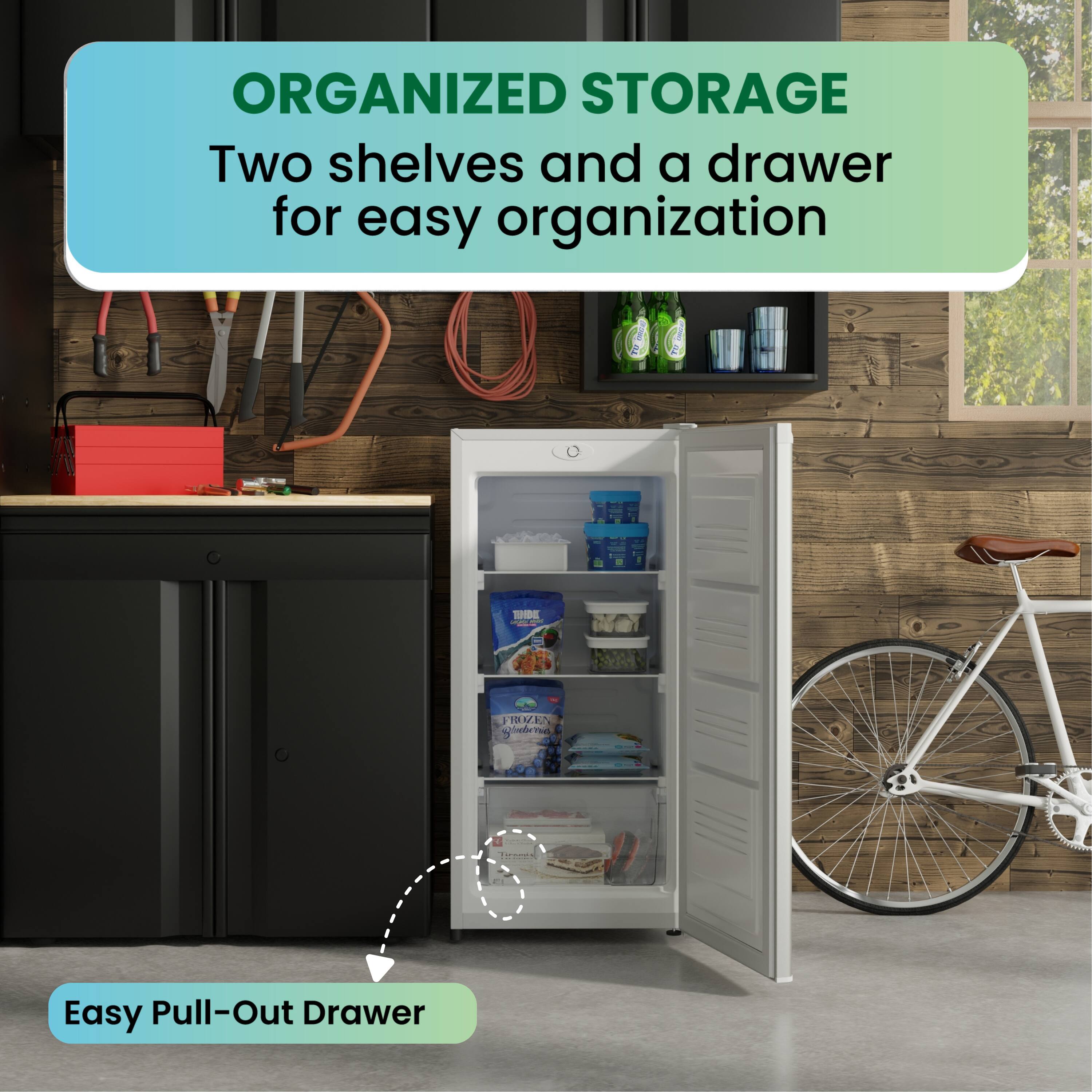 ORGANIZED STORAGE  
Two shelves and a drawer for easy organization  

Easy Pull-Out Drawer