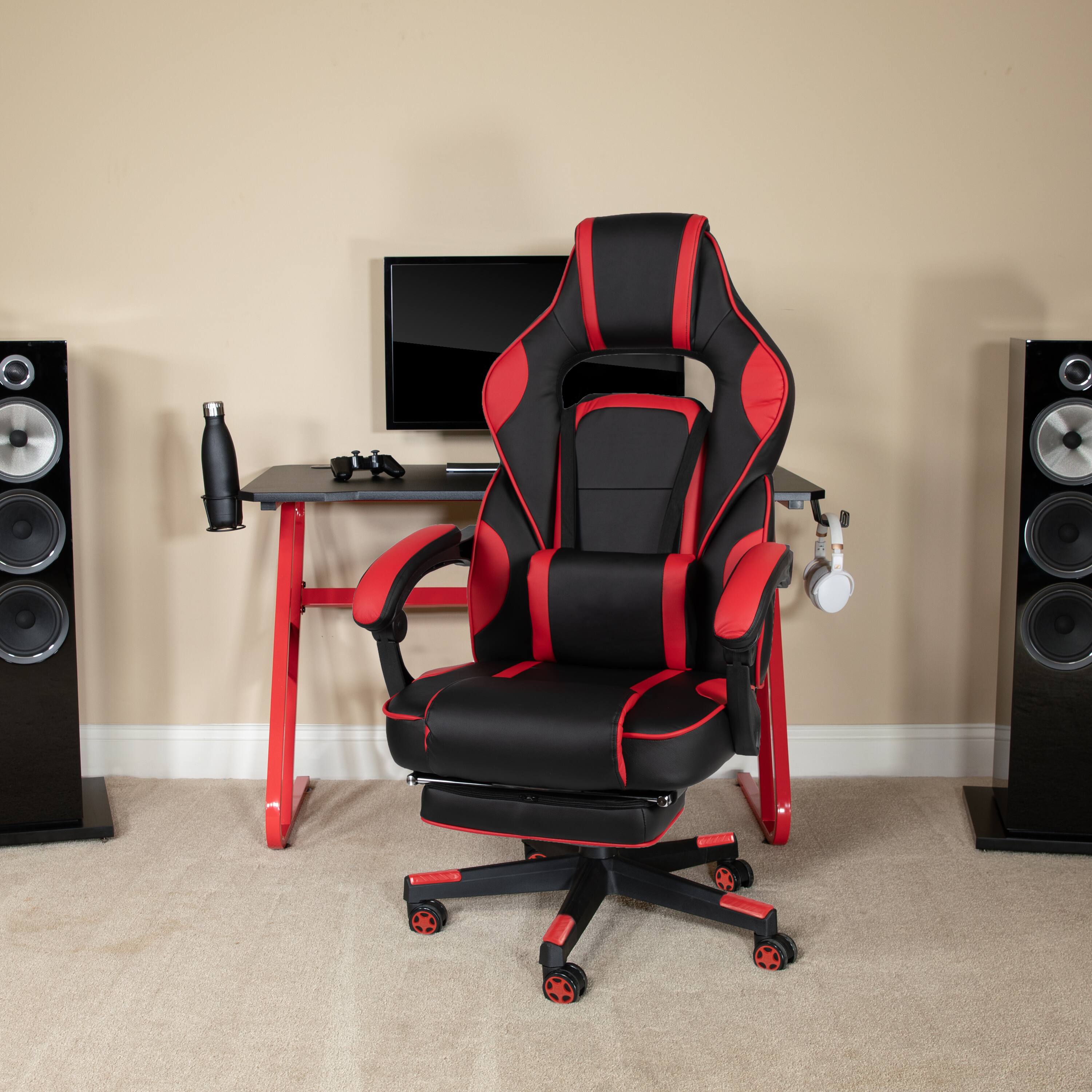 Alt View 1. Emma + Oliver - Gaming Bundle-Cup/Headphone Desk & Reclining Footrest Chair - Red.