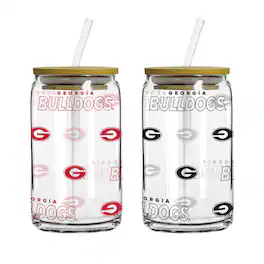Logo Brands - Georgia Bulldogs 16oz. Step And Repeat Glass Can with Lid & Straw 2-Pack - Multicolor