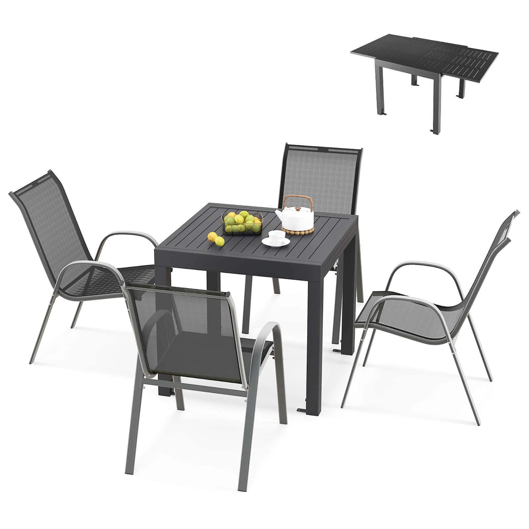 Gymax - 5 PCS Outdoor Dining Table Set w/ Extendable Aluminum Table & 4 Stackable Chairs - Dark Gray, Black, Gray