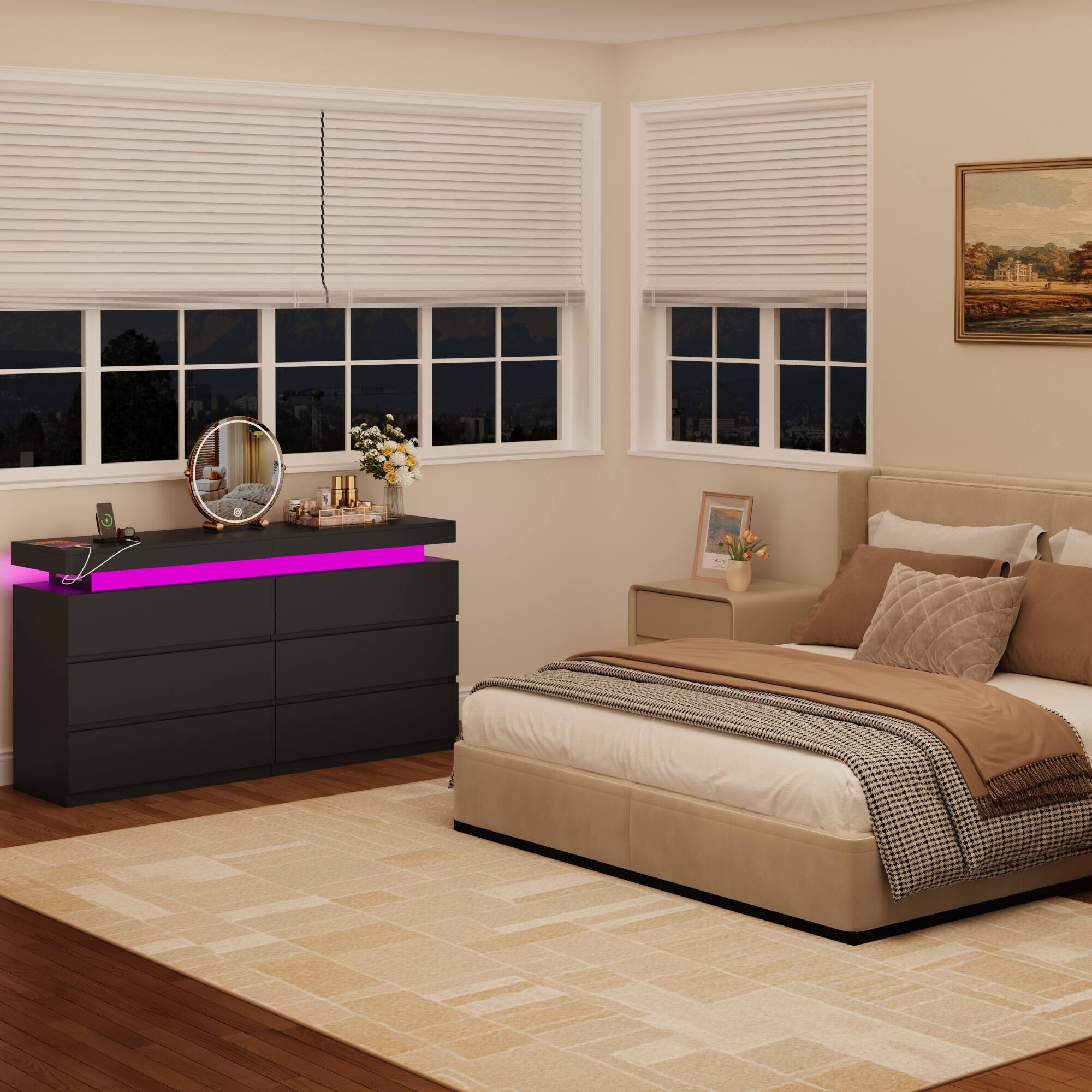 Alt View 7. Vipbear - 6 Drawer Dresser with Hidden Sliding Desktop, Modern Double Wood Chest of Drawers with Charging Station and LED - Black.