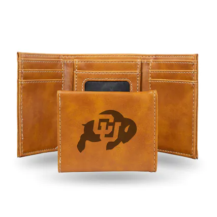 Front. Rico Industries - Colorado Buffaloes Laser Engraved Brown Trifold Wallet - Multi.