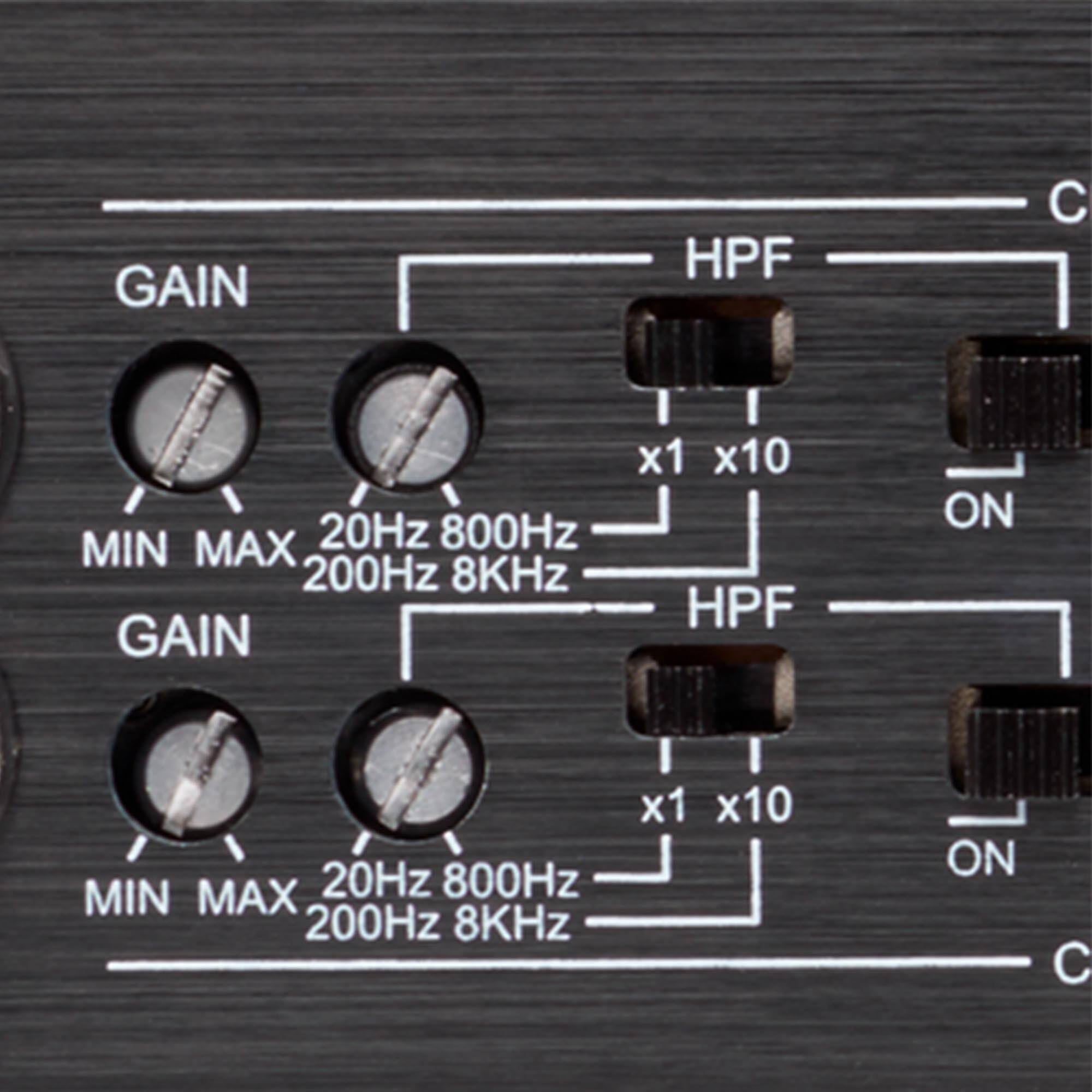 GAIN HPF C  
MIN MAX 20Hz 800Hz 200Hz 8KHz  
GAIN x1 x10  
HPF ON  
MIN MAX 20Hz 800Hz 200Hz 8KHz  
x1 x10  
ON  
C