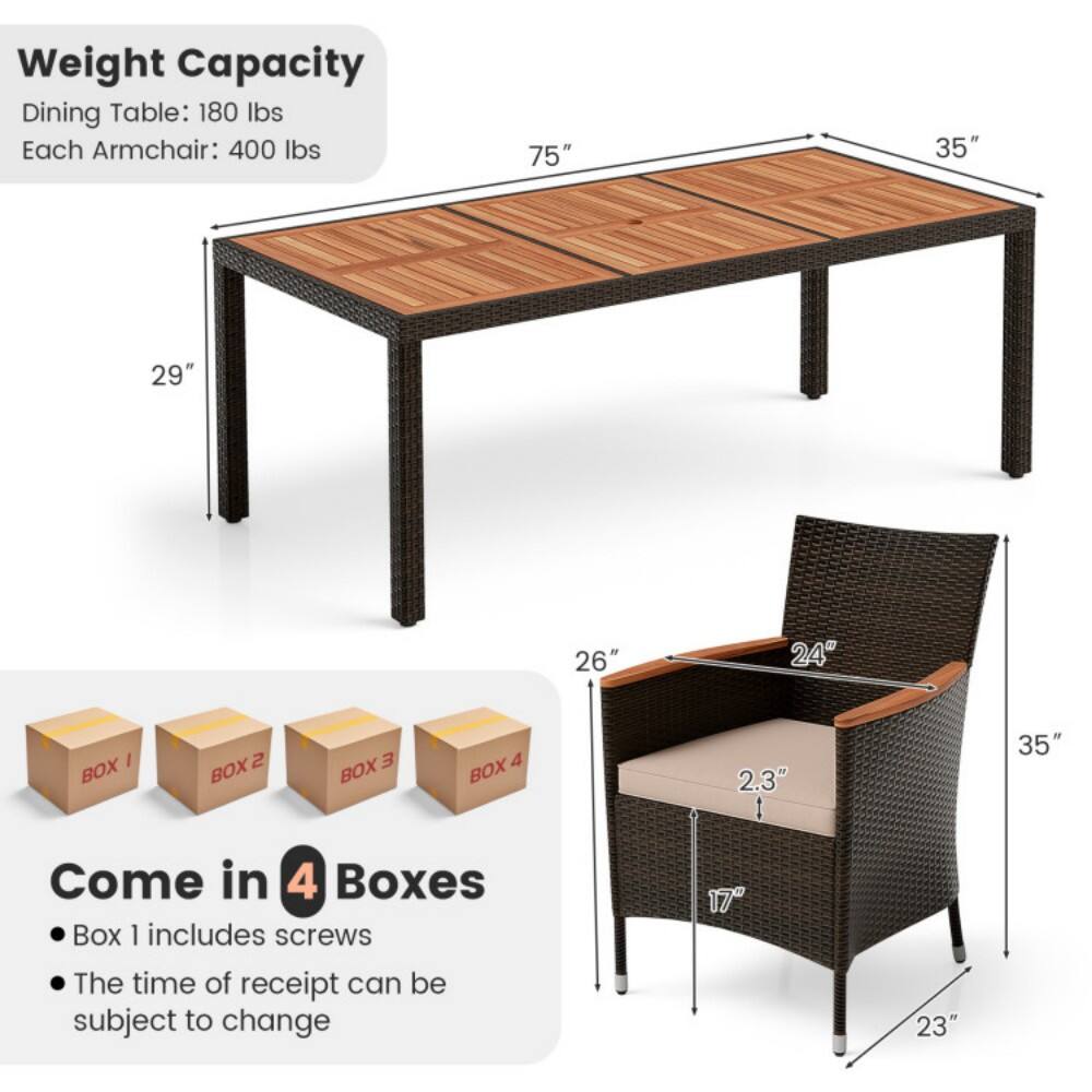 Weight Capacity  
Dining Table: 180 lbs  
Each Armchair: 400 lbs  

Dimensions:  
- Table: 75" x 35" x 29"  
- Armchair: 35" x 26" x 24" x 23" x 17" x 2.3"  

Come in 4 Boxes  
- Box 1 includes screws  
- The time of receipt can be subject to change
