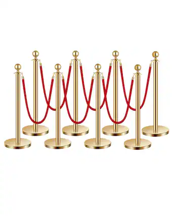 Front. VEVOR - Stanchions and Velvet Ropes 8Pcs, Hollow Base with Stainless Steel Post, 6 Red Velvet Ropes and Posts - Gold red velvet.