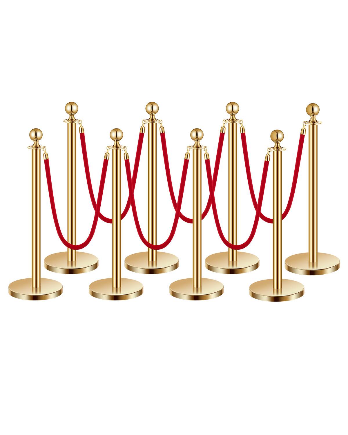 Front. VEVOR - Stanchions and Velvet Ropes 8Pcs, Hollow Base with Stainless Steel Post, 6 Red Velvet Ropes and Posts - Gold red velvet.