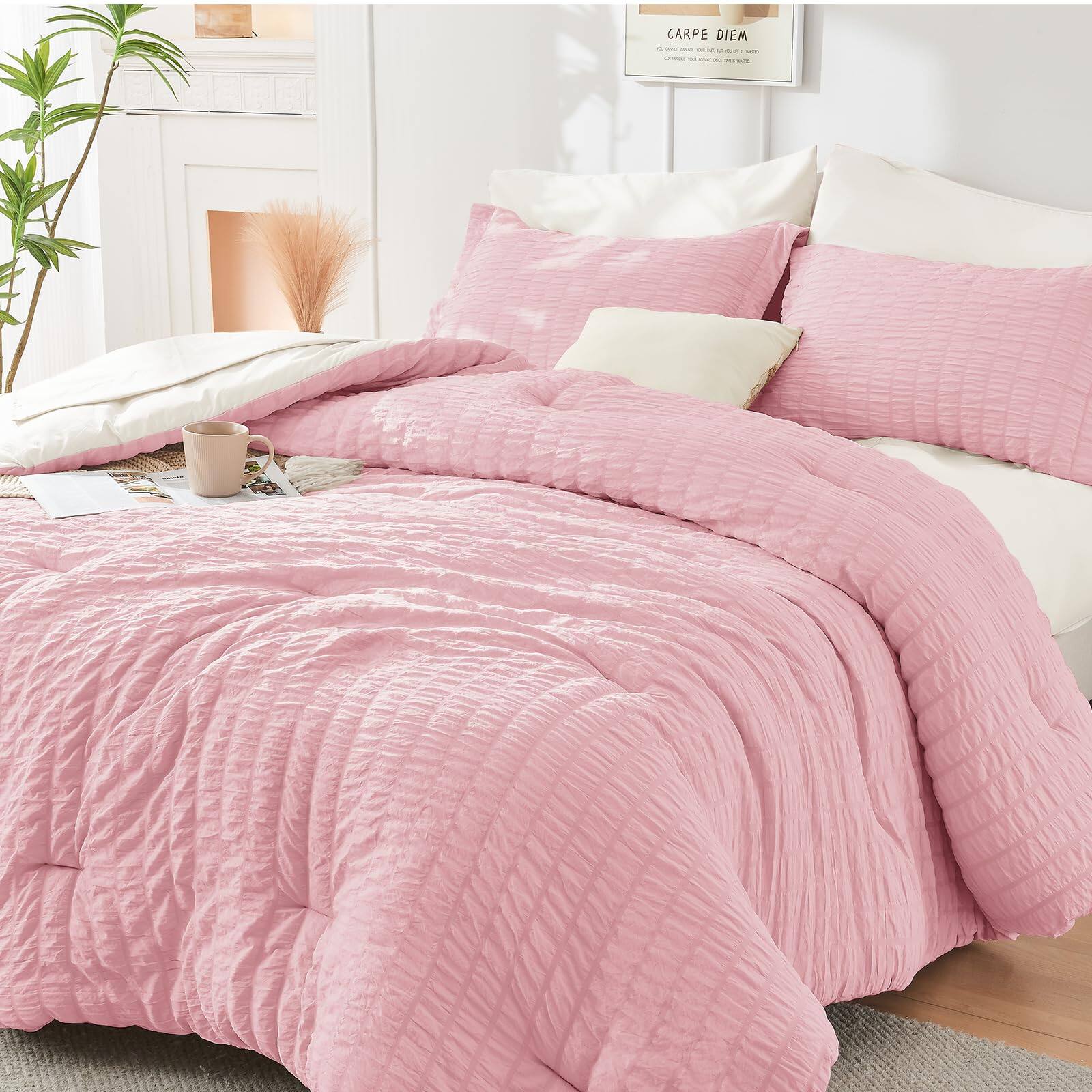 VEGA AUTOMOTIVE - 7pc Pink/Ivory Seersucker Comforter Set All Season with Sheets Pillowcases Shams - Pink/Ivory King(104"x 90")