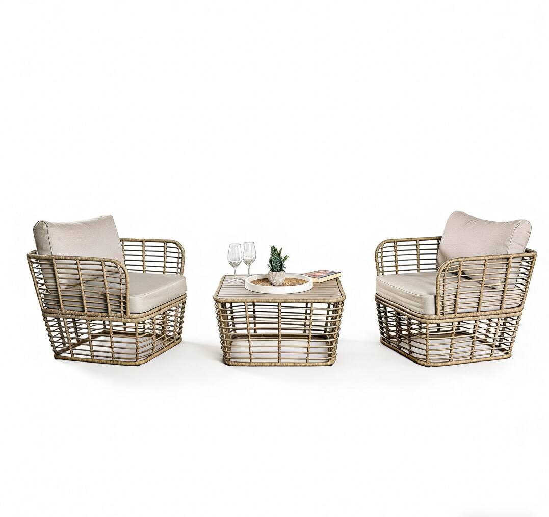 Front. Vaczon - 3-Piece Outdoor Patio Furniture Set with Cushions, PE Rattan Chairs and Coffee Table for Porch, Backyard or Terrace - Natural.