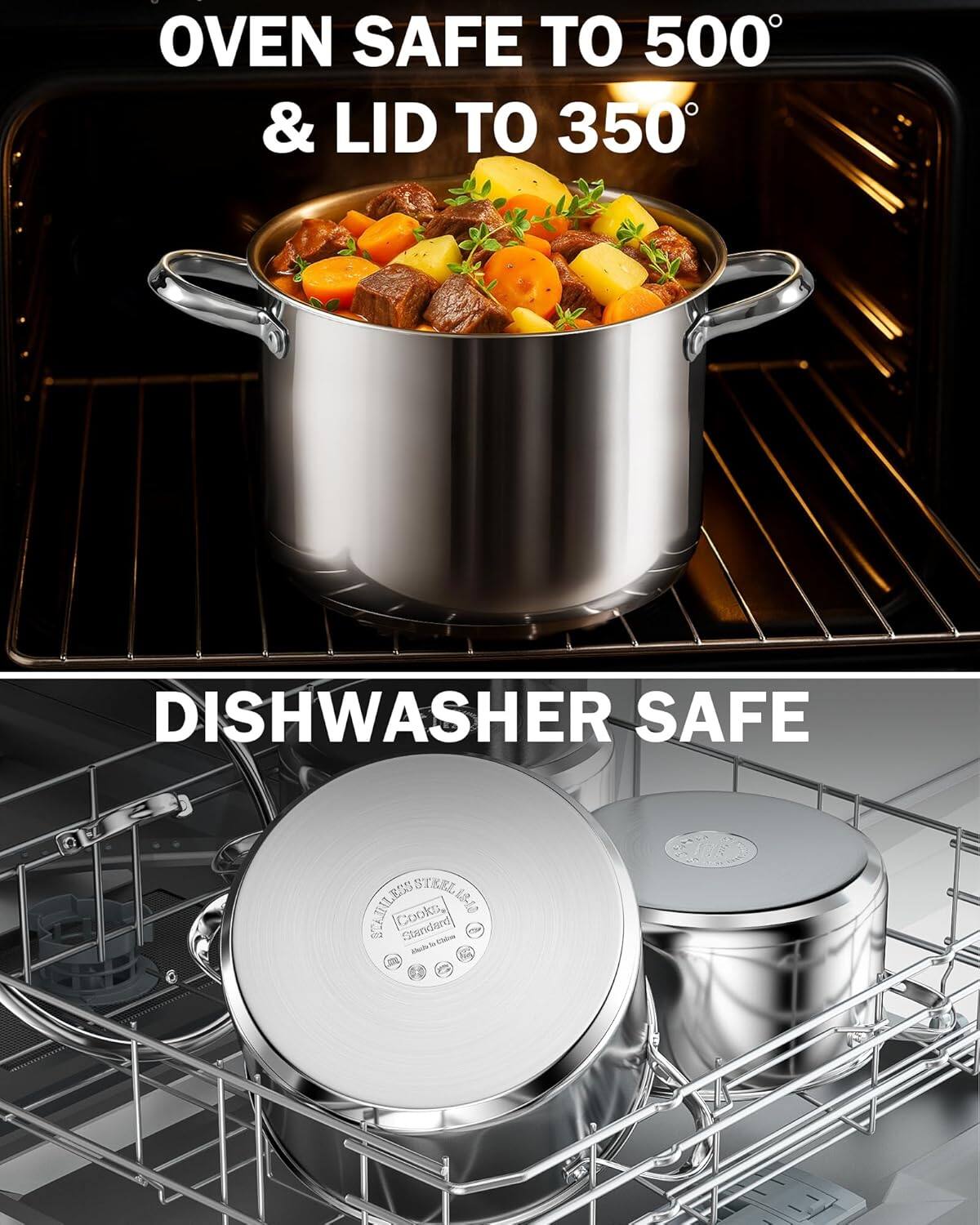OVEN SAFE TO 500° & LID TO 350°  
DISHWASHER SAFE  
ST NEL 800 18-10 THE Cooks, Standard