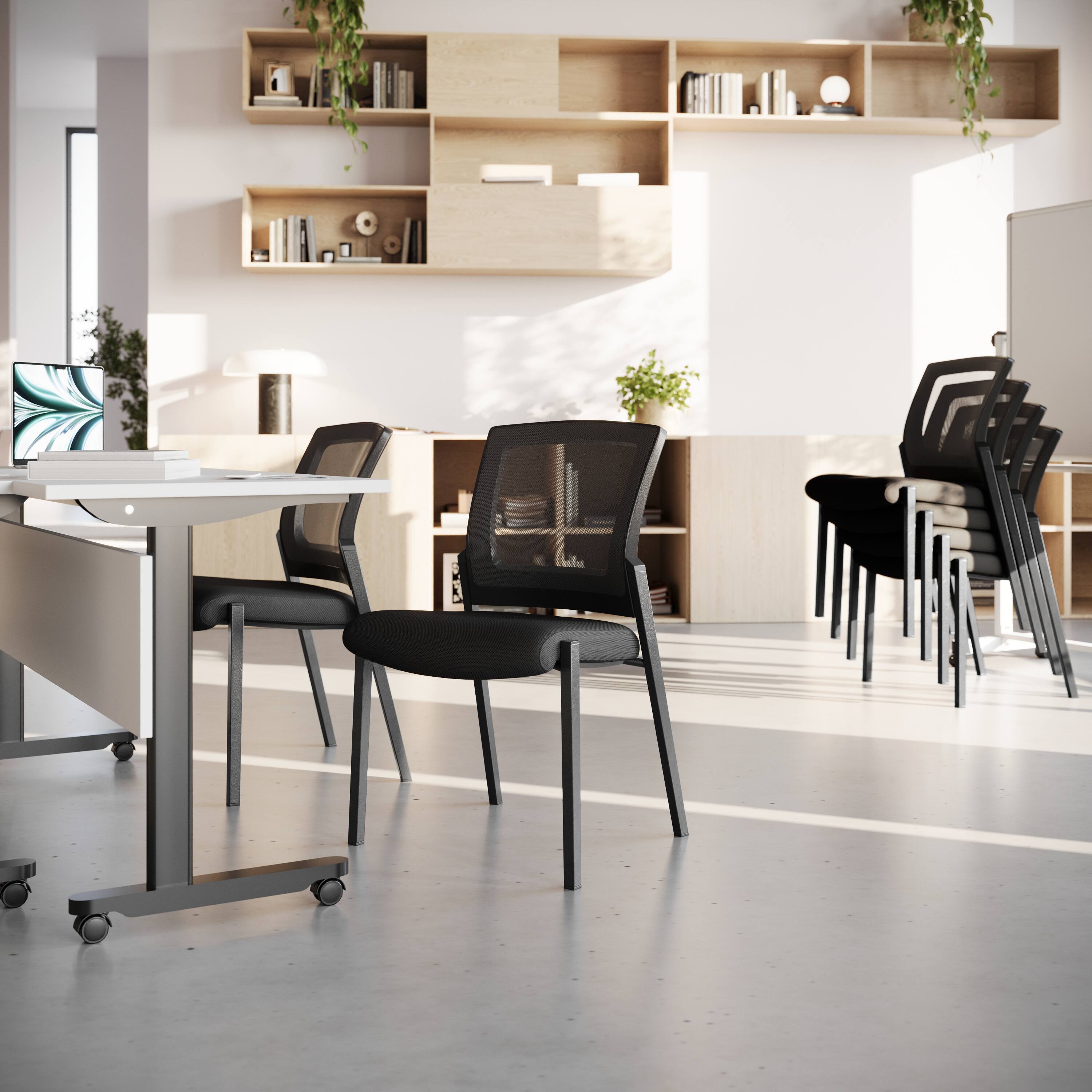 Alt View 5. Emma + Oliver - Set of 4 Commercial Armless Stackable Side Chairs with Mesh Seats and Powder Coated Steel Frames - Black.