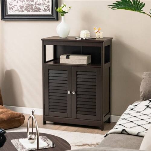 Back. SlickBlue - Louvered Door Bathroom Cabinet – Farmhouse Linen Storage with Open Shelf - Brown.