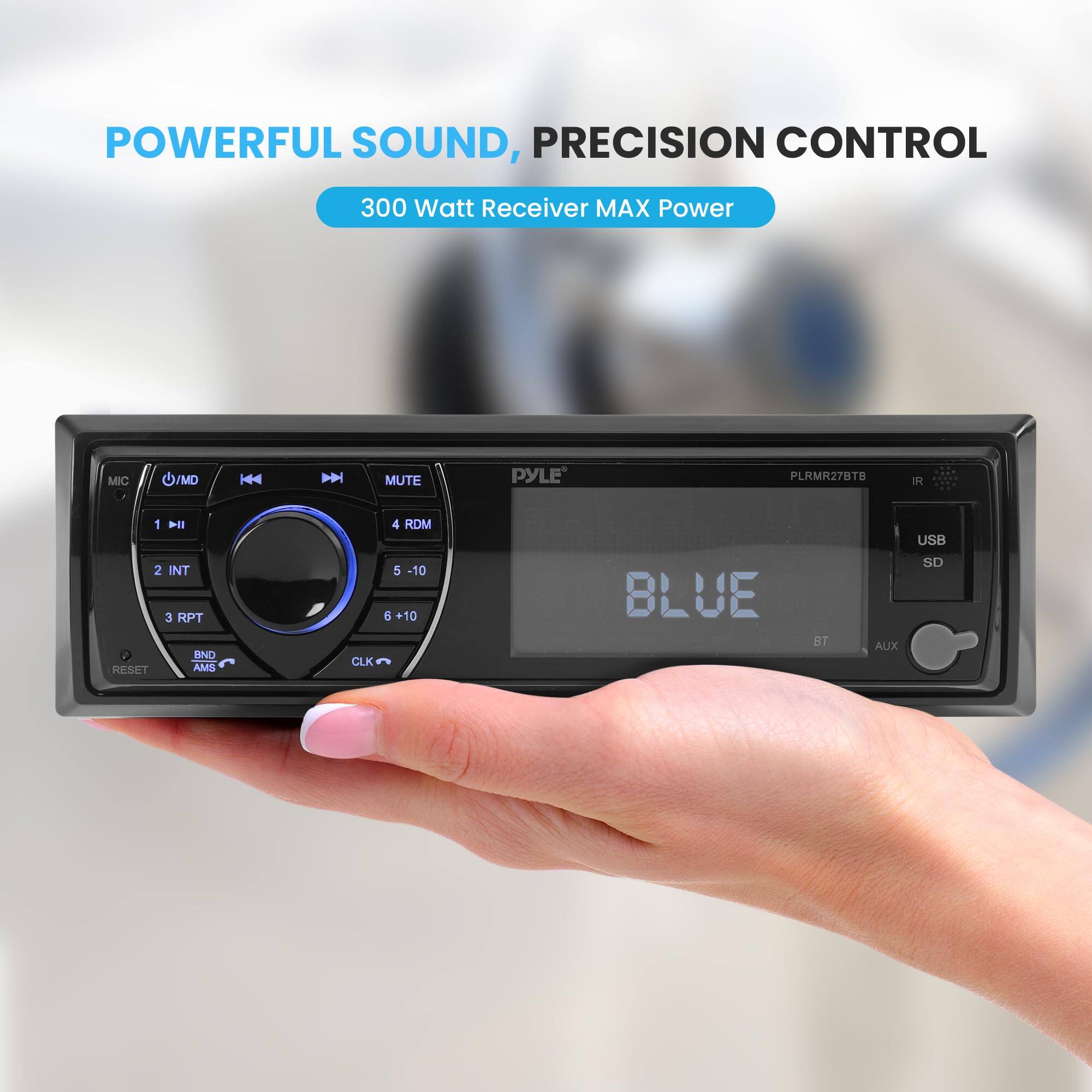 POWERFUL SOUND, PRECISION CONTROL  
300 Watt Receiver MAX Power  
MIC O/MD H44 D MUTE PYLE PLRMR278TB IR 1 ll 2 INT 3 RPT BND RESET AMS CLK 4 RDM 5 -10 d +10 BLUE BT AUX USB SD