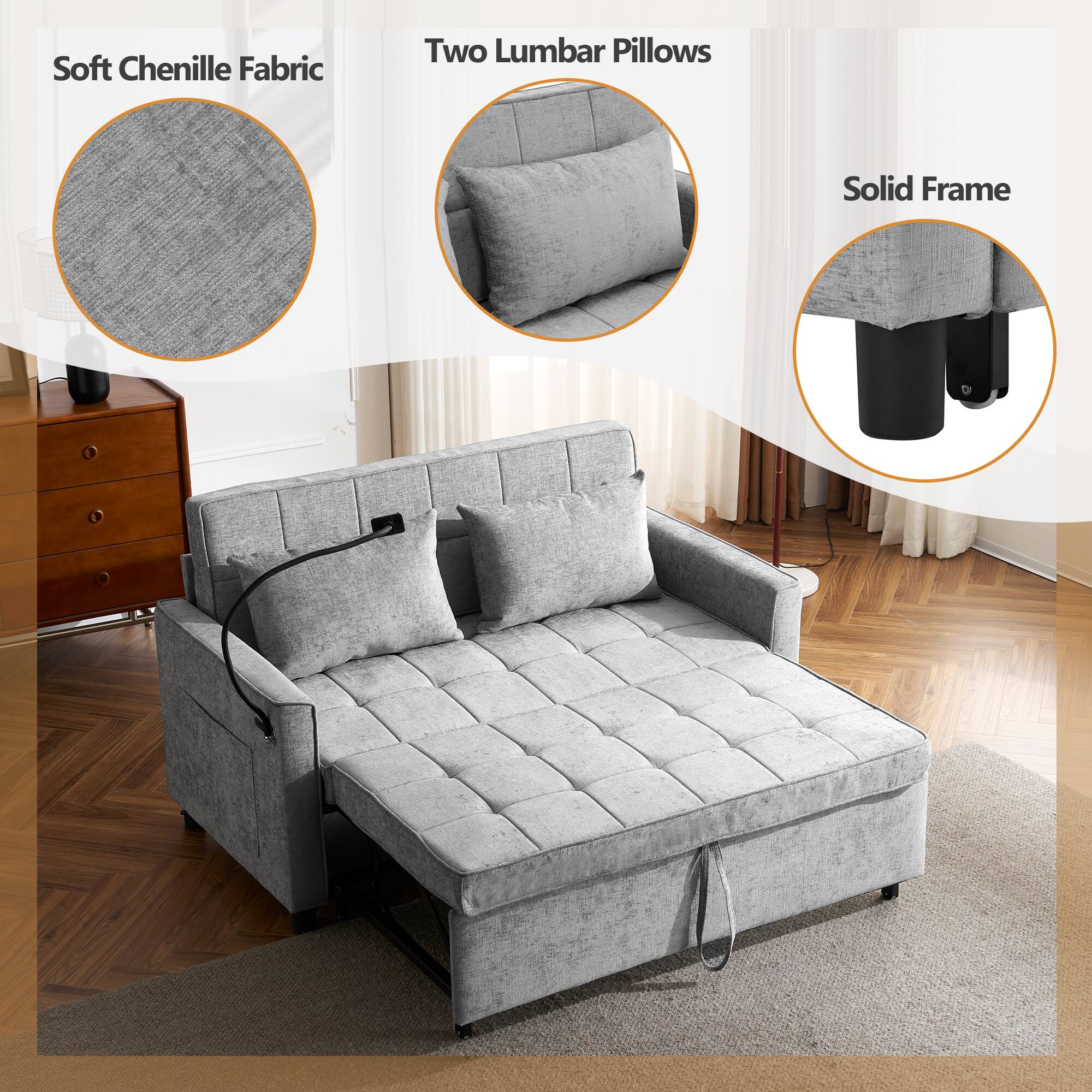 Soft Chenille Fabric  
Two Lumbar Pillows  
Solid Frame