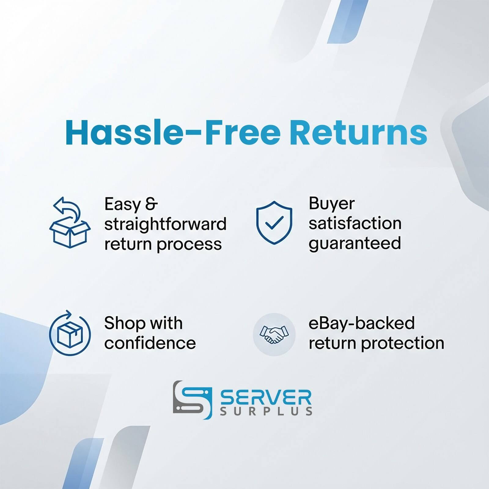 Hassle-Free Returns

- Easy & straightforward return process
- Buyer satisfaction guaranteed
- Shop with confidence
- eBay-backed return protection

SERVER SURPLUS