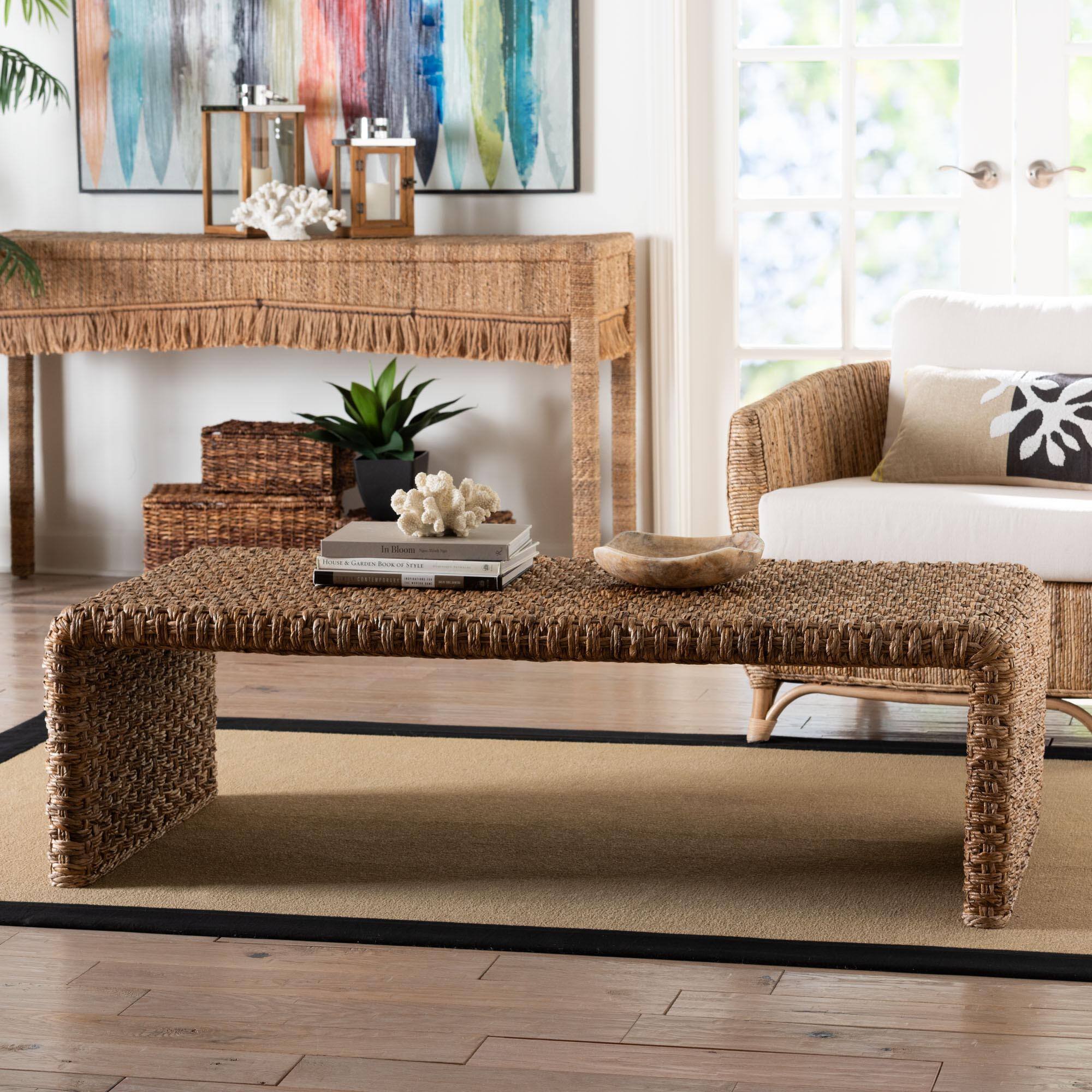 Alt View 2. bali & pari - Alda Handwoven Seagrass Coffee Table - Rustic Wicker Waterfall Accent Table for Living Room or Sunroom - Natural Brown.