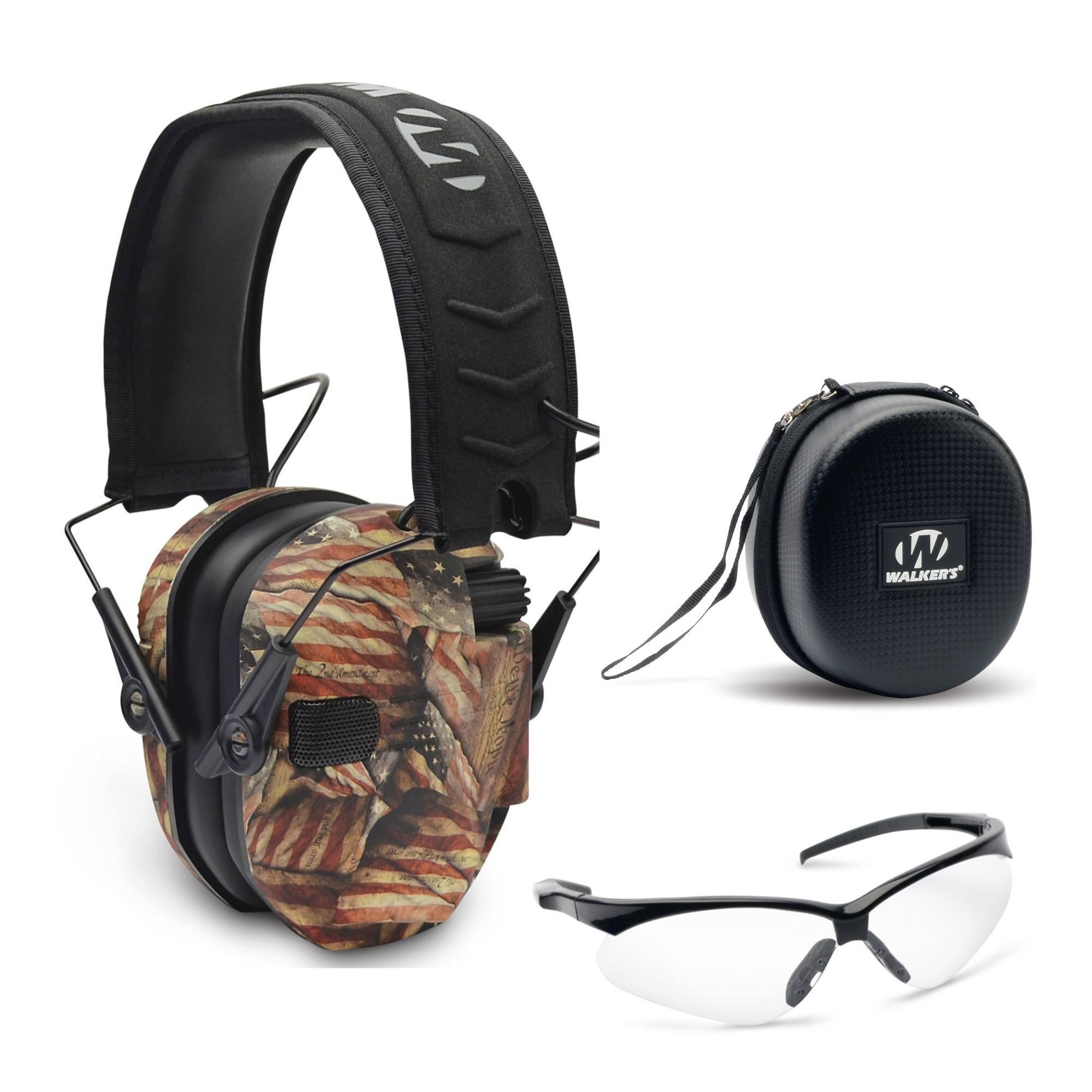 Left. Walkers - Walker’s Razor Slim Electronic Muff (American Flag) w/ Case and Shooting Glasses - Brown.