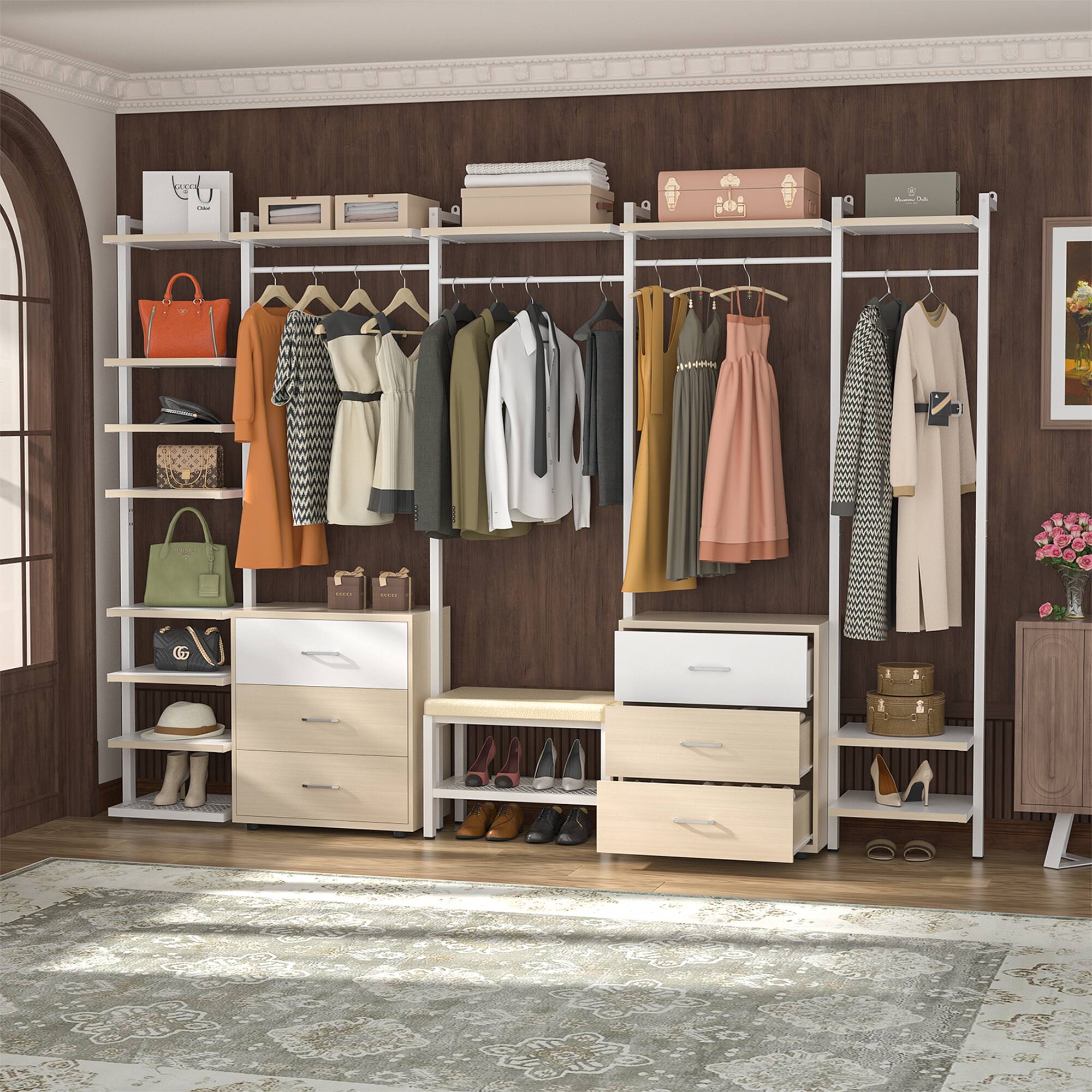 Left. Aheaplus - 8FT Wood Closet Organizer with 6 Drawers and Hanging Rack for Bedroom Storage - White Oak.