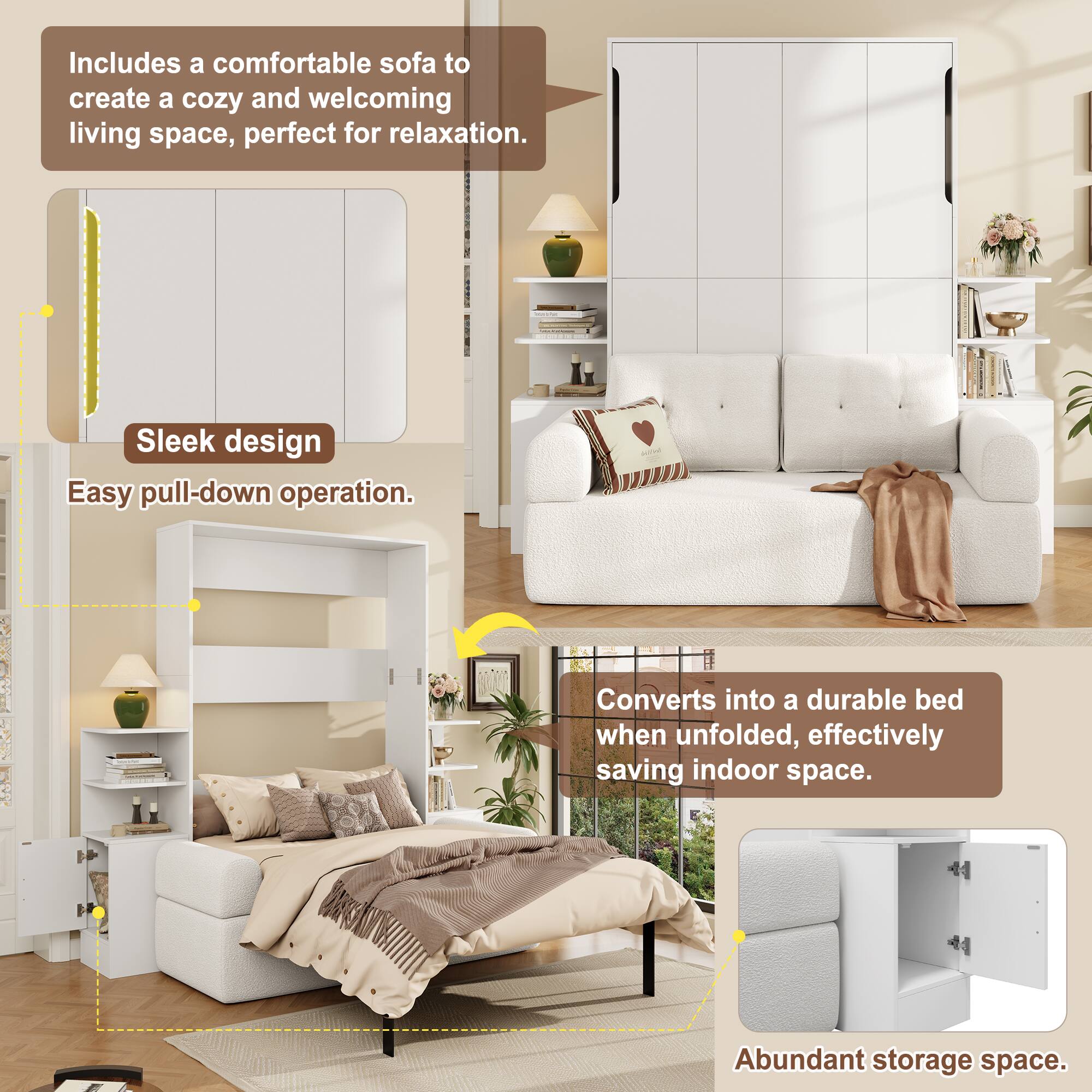 Includes a comfortable sofa to create a cozy and welcoming living space, perfect for relaxation.

Sleek design
Easy pull-down operation.

Converts into a durable bed when unfolded, effectively saving indoor space.

Abundant storage space.