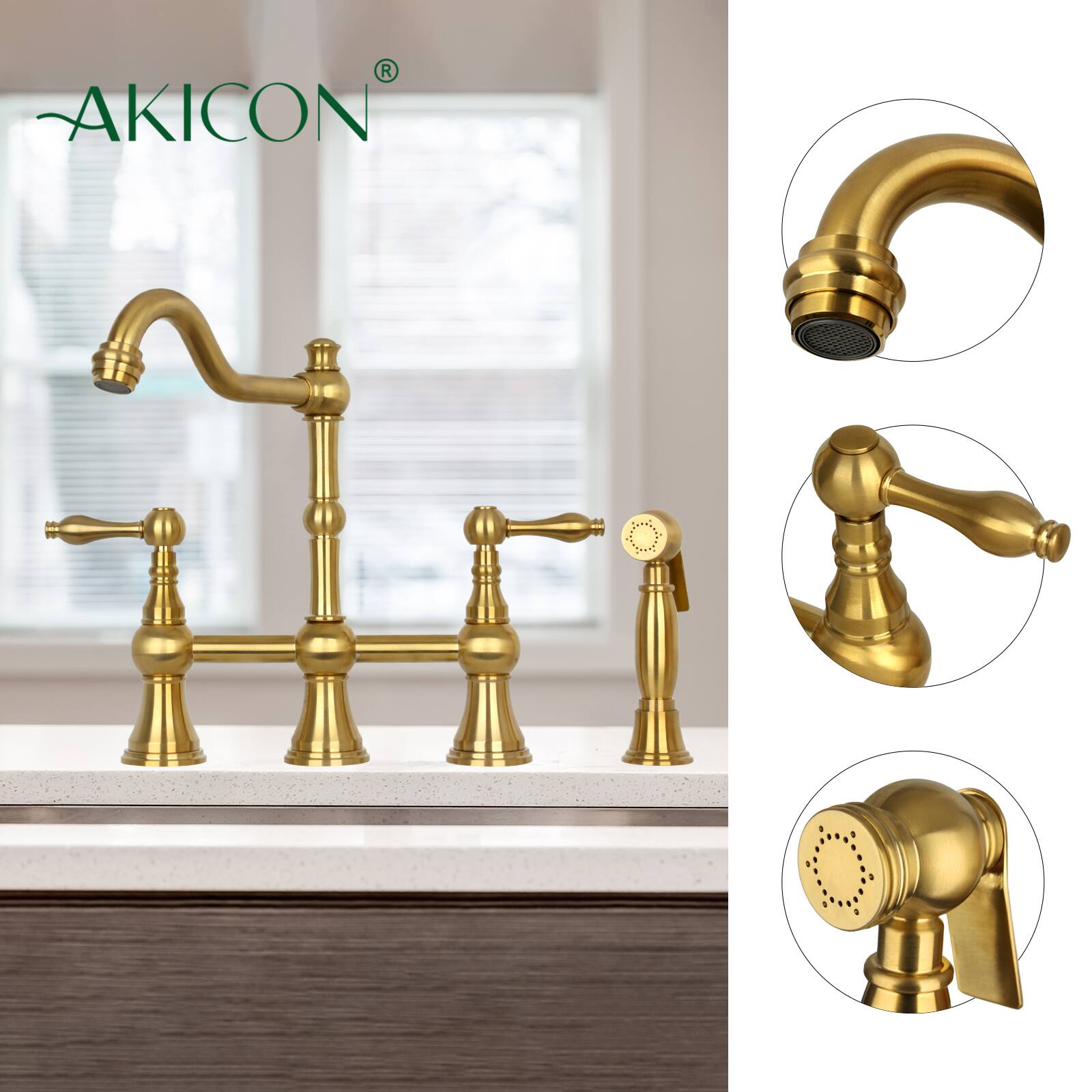Alt View 2. Akicon - Akicon Solid Brass Bridge Kitchen Faucets with Side Sprayer 2 Lever Handles in Brushed Gold - Brushed Gold.