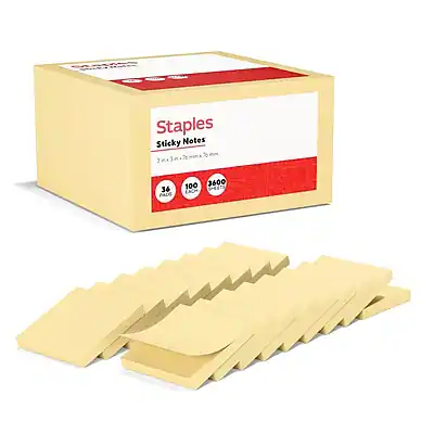 Staples Sticky Notes
36 Sheets
100% Recyclable
3600 Sheets
76 x 120mm x 50mm