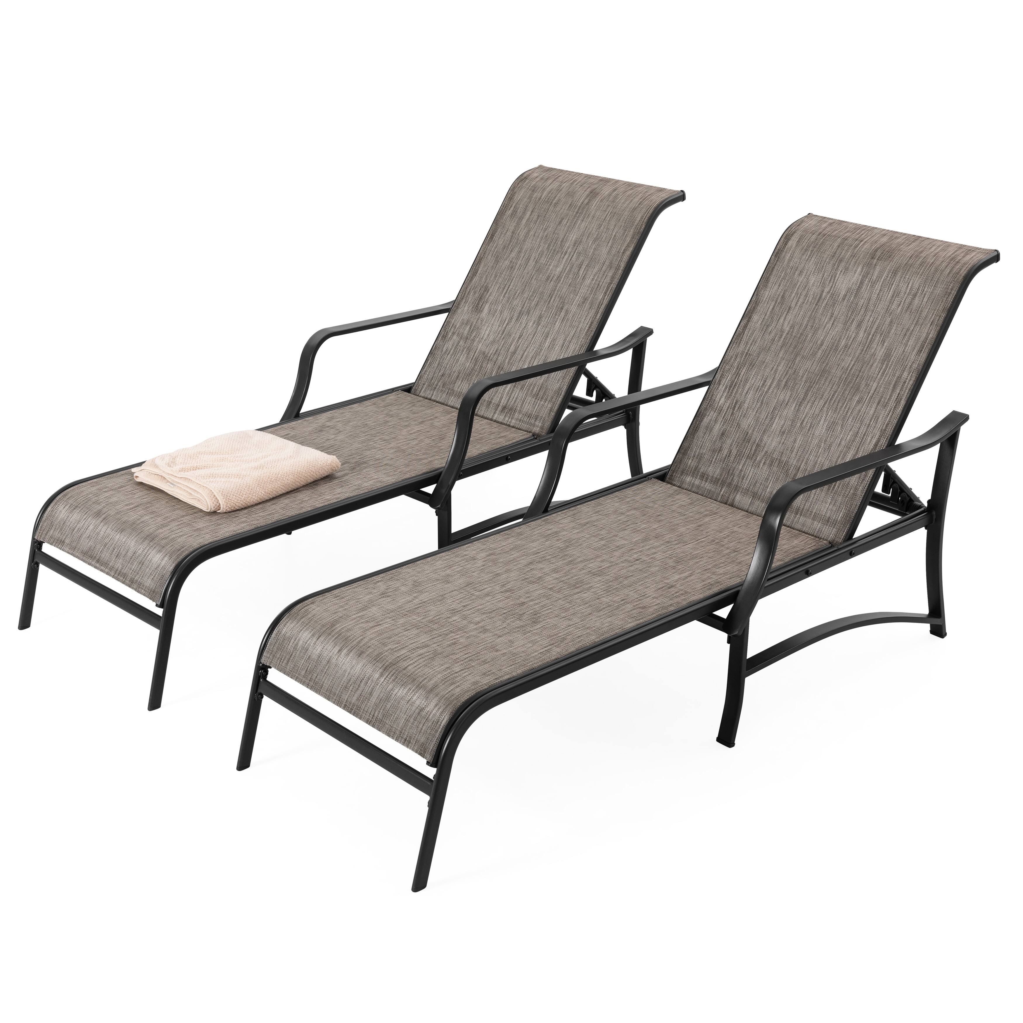 Front. Nuu Garden - Outdoor Textilene Metal Lounge Chairs Set of 2, 5-Level Adjustable Backrest - Brown.