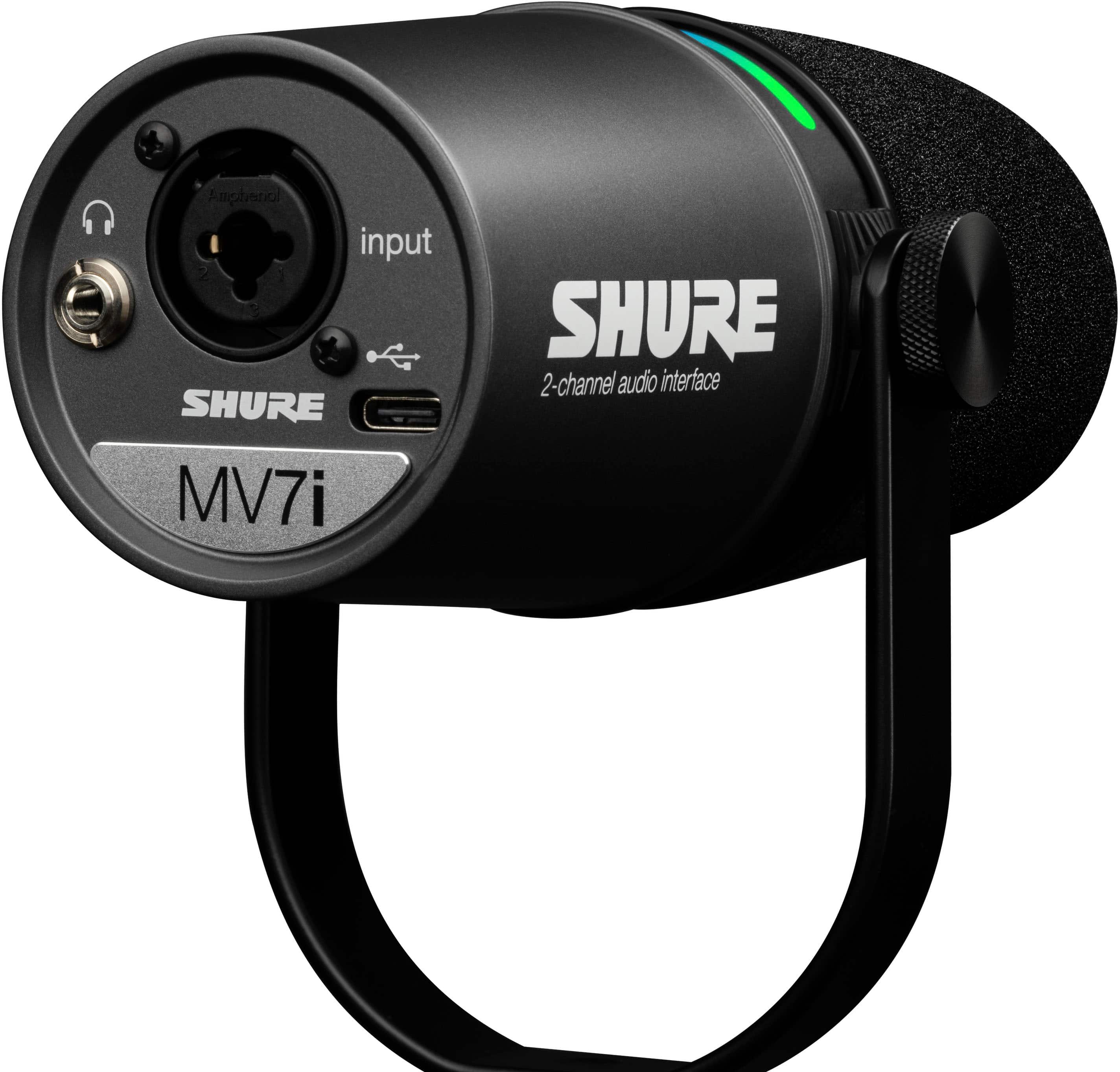The text on the image reads "Shure MV7i 2-channel audio interface."