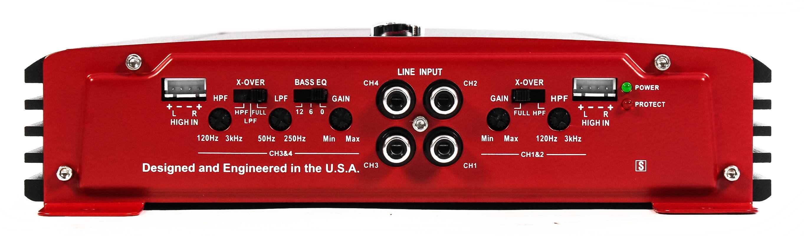 **Left Side:**
- X-OVER
  - HPF: 120Hz
  - LPF: 3kHz
- BASS EQ
  - LPF: 12 6 0
  - GAIN
- HIGH IN
- L R

**Center:**
- LINE INPUT
  - CH4
  - CH2
  - CH3
  - CH1
- X-OVER
  - HPF: 120Hz
  - LPF: 3kHz
- CH3&4
- CH1&2

**Right Side:**
- POWER
- HPF: 120Hz
- LPF: 3kHz
- HIGH IN
- PROTECT

**Bottom:**
- Designed and Engineered in the U.S.A.
- CH3
- CH1

**Additional Labels:**
- Min Max
- Min Max
- 50Hz
- 250Hz