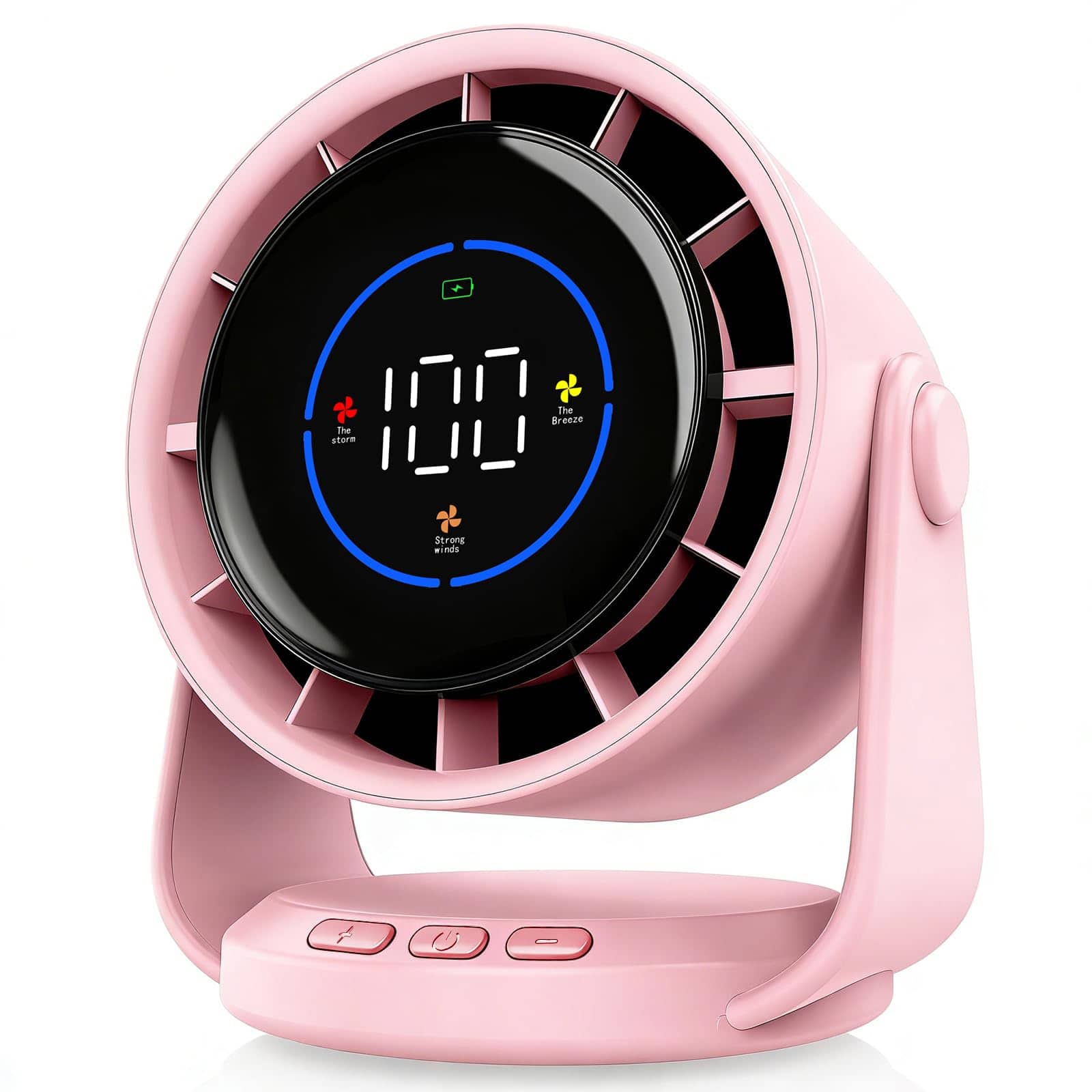 PRIMEPLUS - Desk Fan Turbo 100-Speed Digital, Low Noise 105° Tilt, 7.5" Rechargeable Wall-Mounted for Home Office Travel - Pink