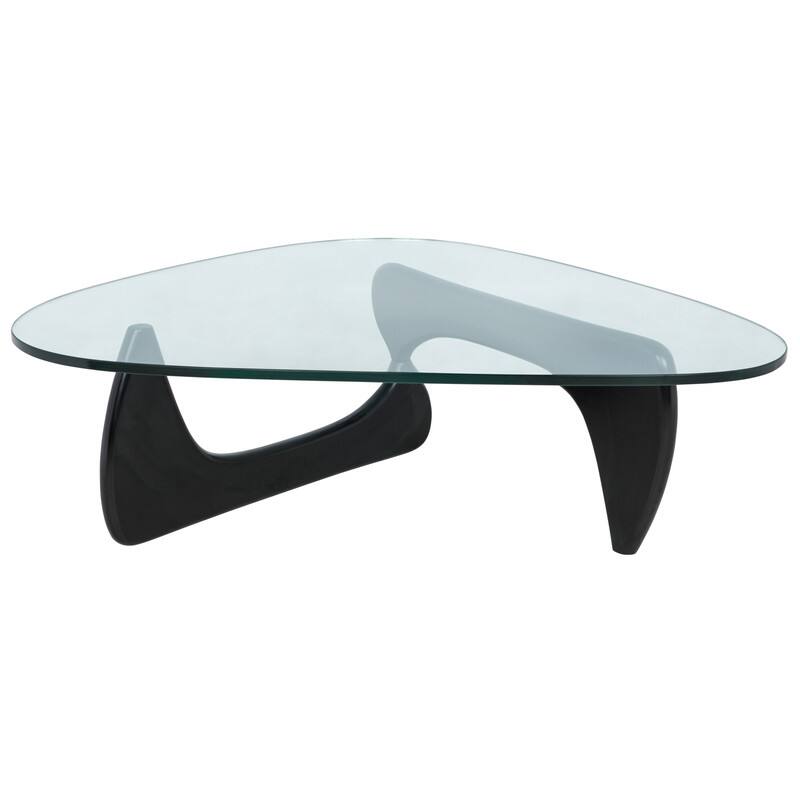 LeisureMod - Imperial Modern Triangular Tempered Glass Coffee Table with Cross-Brace Wooden Base for Home & Living Room - Black