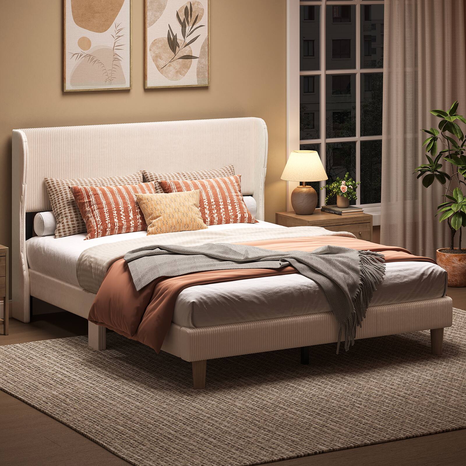Back. Bestier - Wood Frame Corduroy Upholstered Platform Bed Frame with Wingback Headboard - Off White.