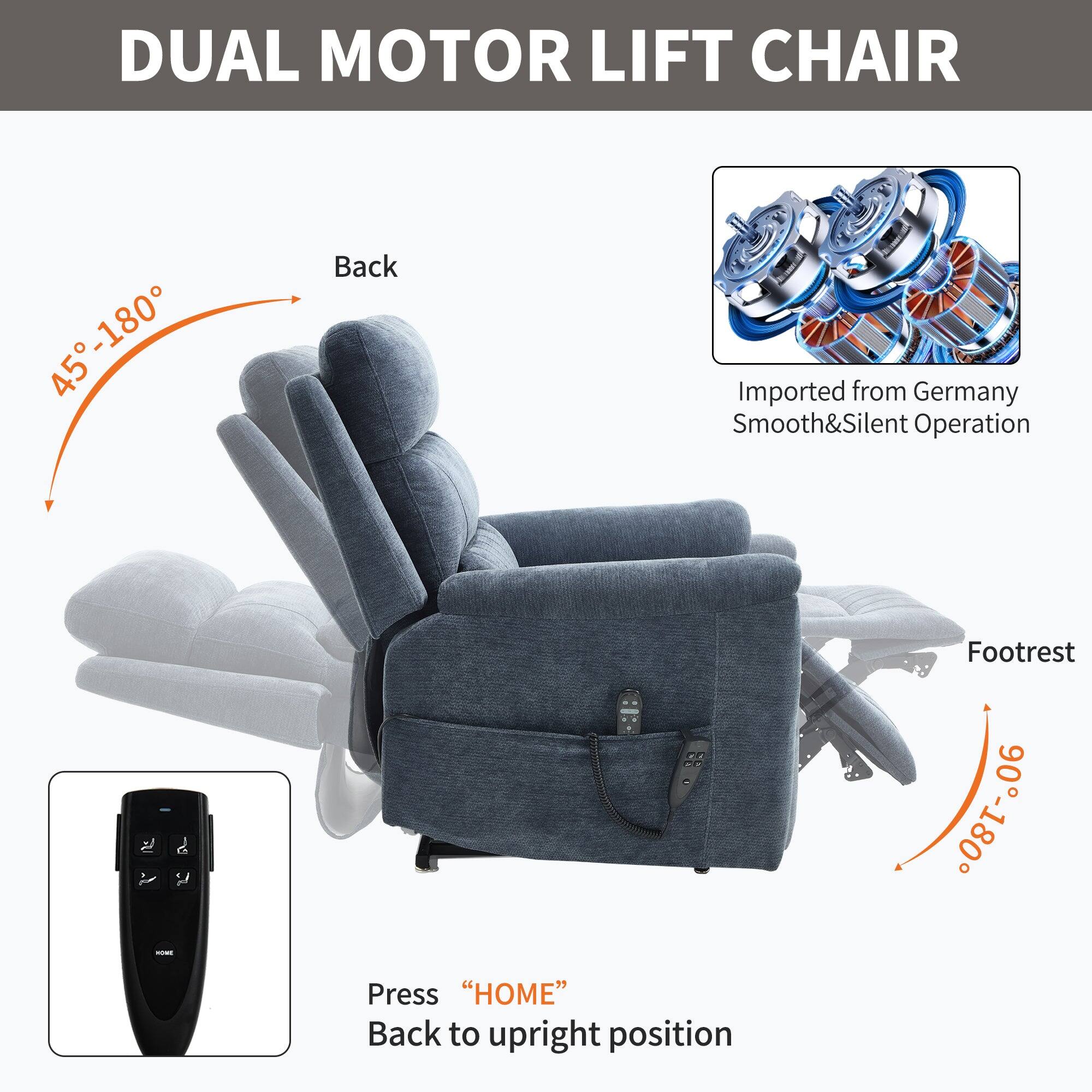 DUAL MOTOR LIFT CHAIR

- Back: 45°-180°
- Footrest: 0°-180°

Imported from Germany
Smooth & Silent Operation

Press "HOME" Back to upright position