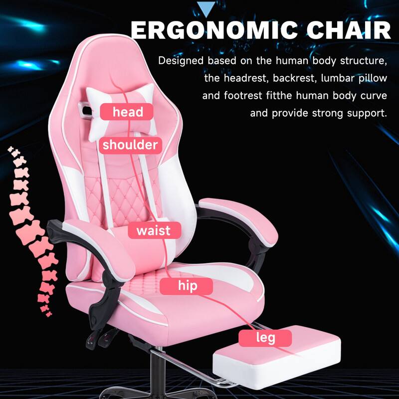 ERGONOMIC CHAIR

Designed based on the human body structure, the headrest, backrest, lumbar pillow and footrest fit the human body curve and provide strong support.

- head
- shoulder
- waist
- hip
- leg