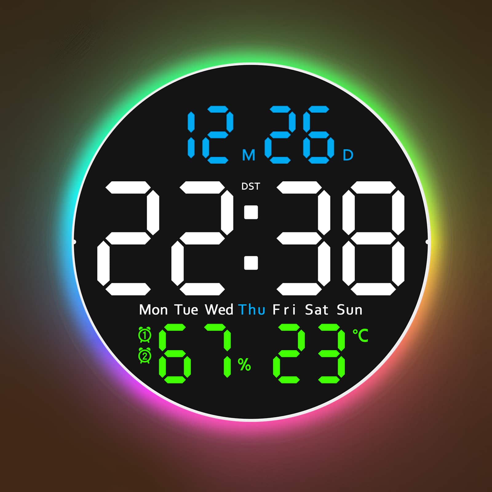 Unique Bargains - 10 Inch Large Digital Wall Clock with 9 Color Changing Remote Control Date Week Temperature Auto Brightness Dimmer - Blue Green