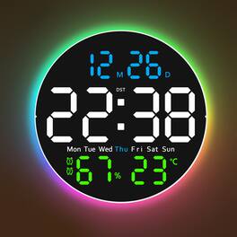 Unique Bargains - 10 Inch Large Digital Wall Clock with 9 Color Changing Remote Control Date Week Temperature Auto Brightness Dimmer - Blue Green