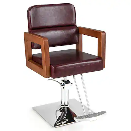Front. Gymax - Gymax Adjustable Salon Chair Hydraulic Barber Solid Wood Armchair with 360° Rotation - Red, Wood, Silver.