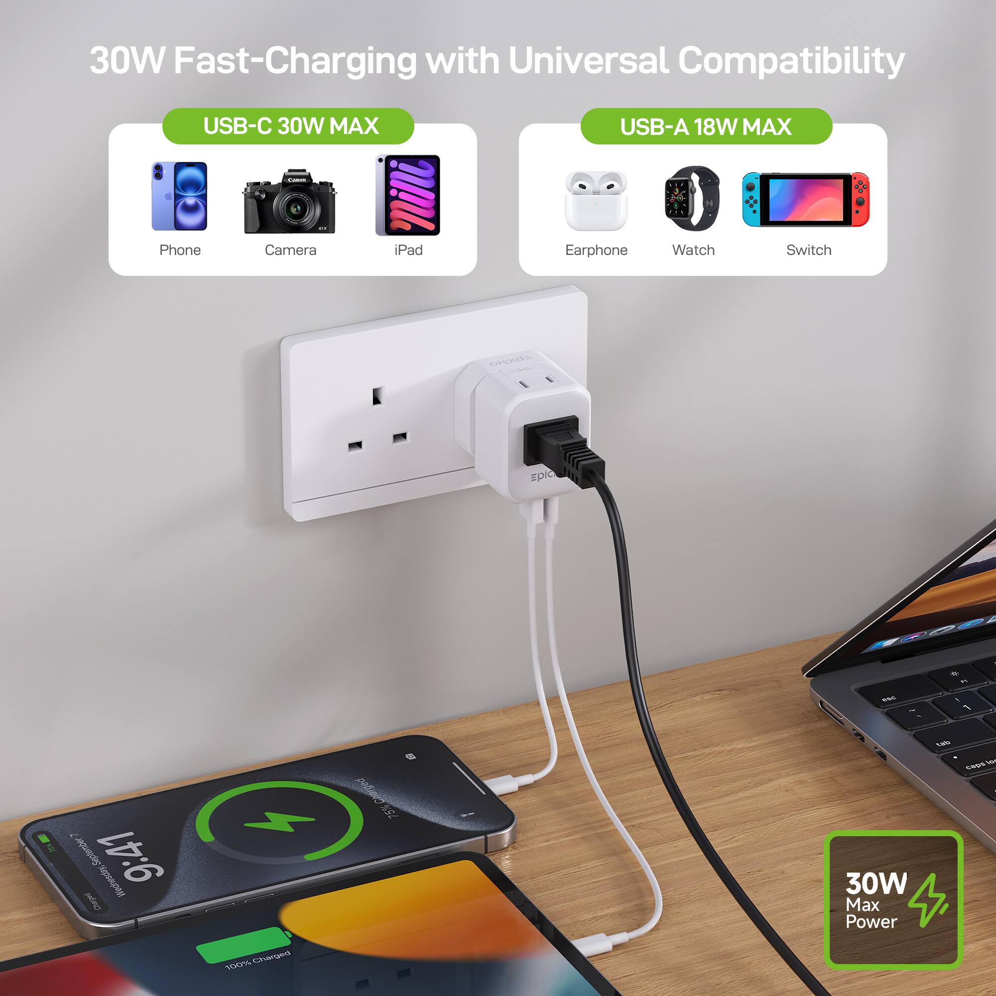 30W Fast-Charging with Universal Compatibility

USB-C 30W MAX
- Phone
- Camera
- iPad

USB-A 18W MAX
- Earphone
- Watch
- Switch

30W Max Power